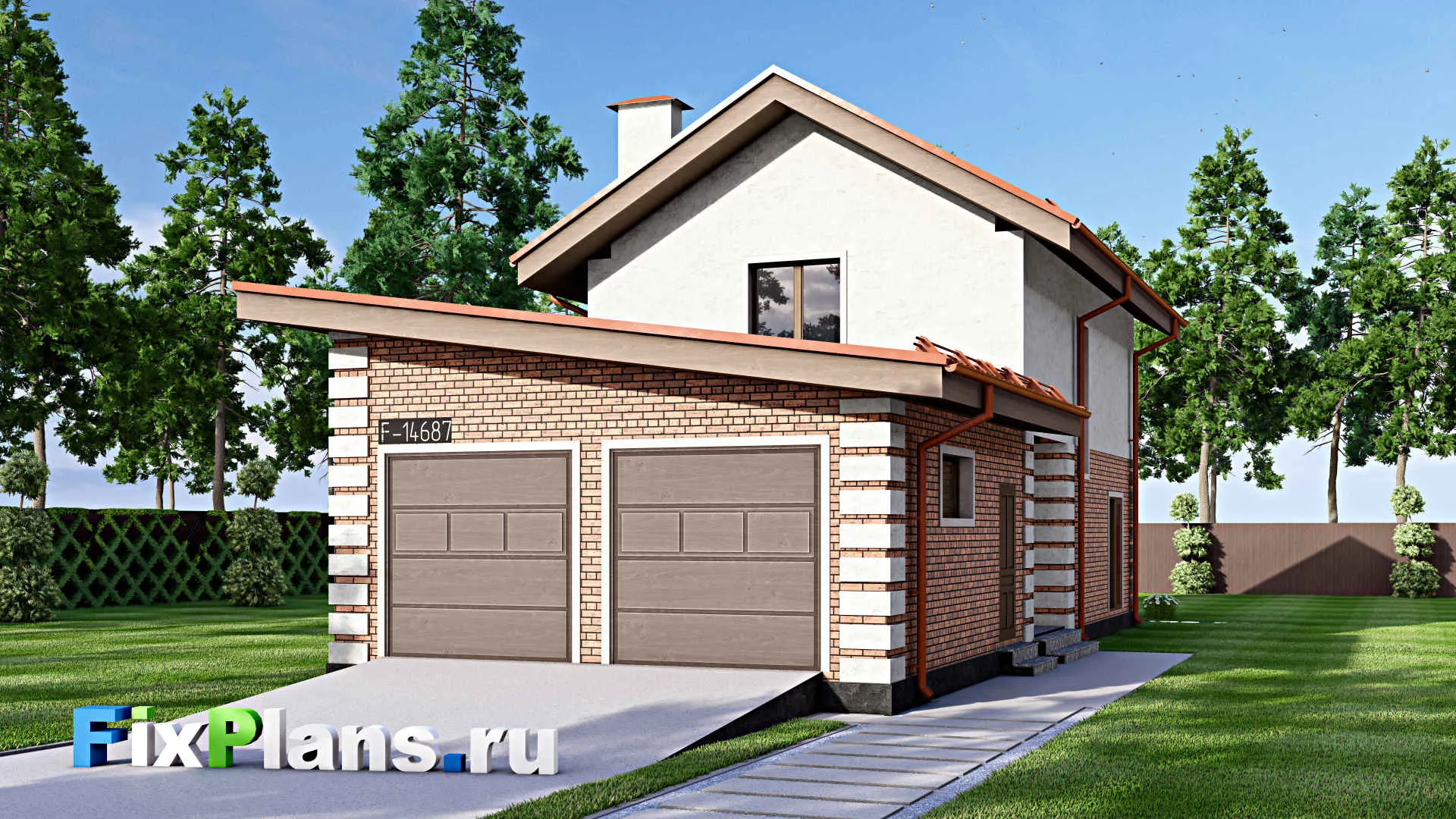 F-14687 - Проект двухэтажного дома 7 на 17, площадью 140 м² с гаражом на 2 машины и 3 спальнями