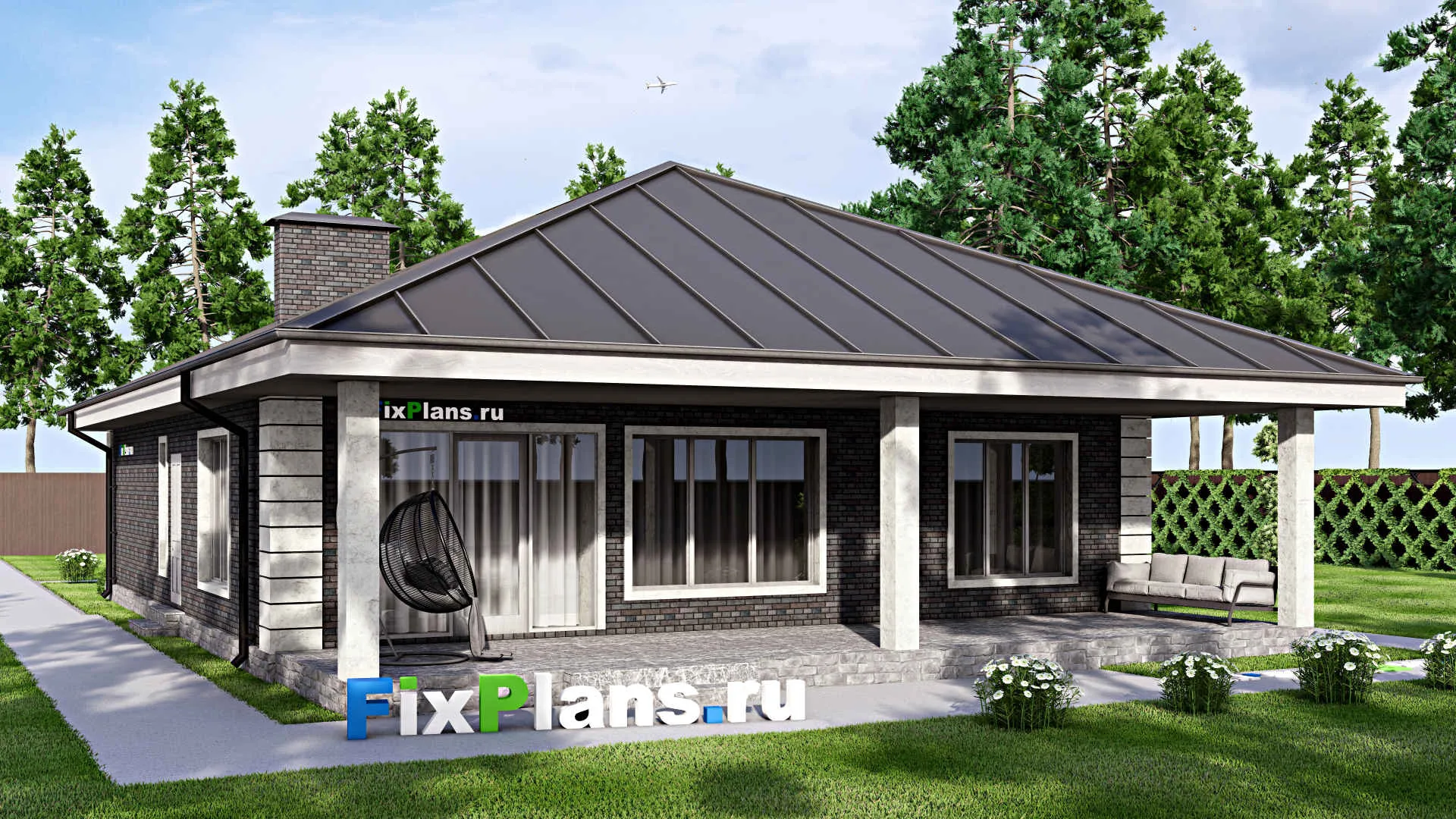 F-14705 - План одноэтажного дома 12 на 17, площадью 170 м² с террасой и 3 спальнями