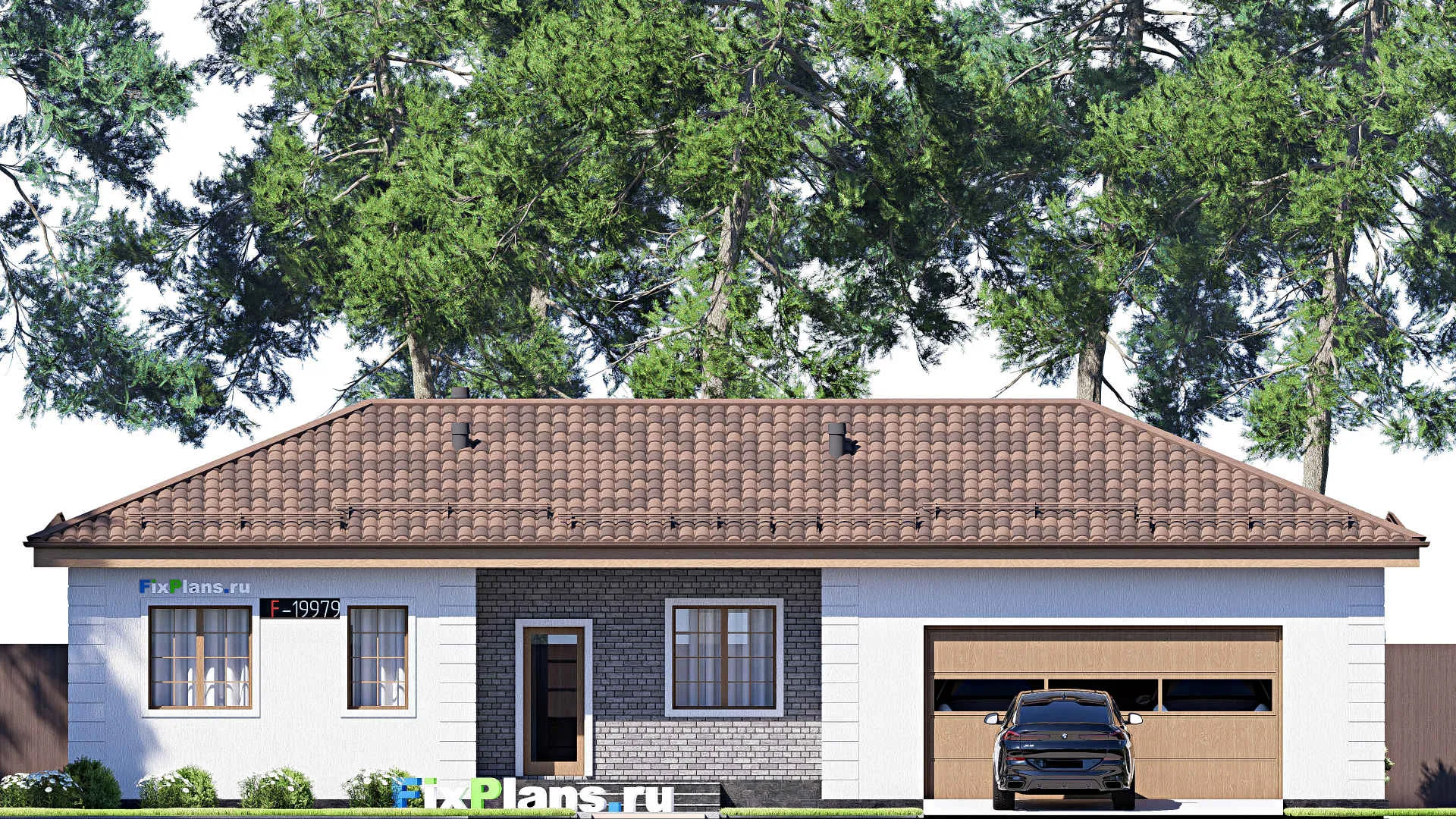 F-19979 - План одноэтажного дома 12 на 19, площадью 150 м² с террасой, гаражом на 2 машины и 2 спальнями