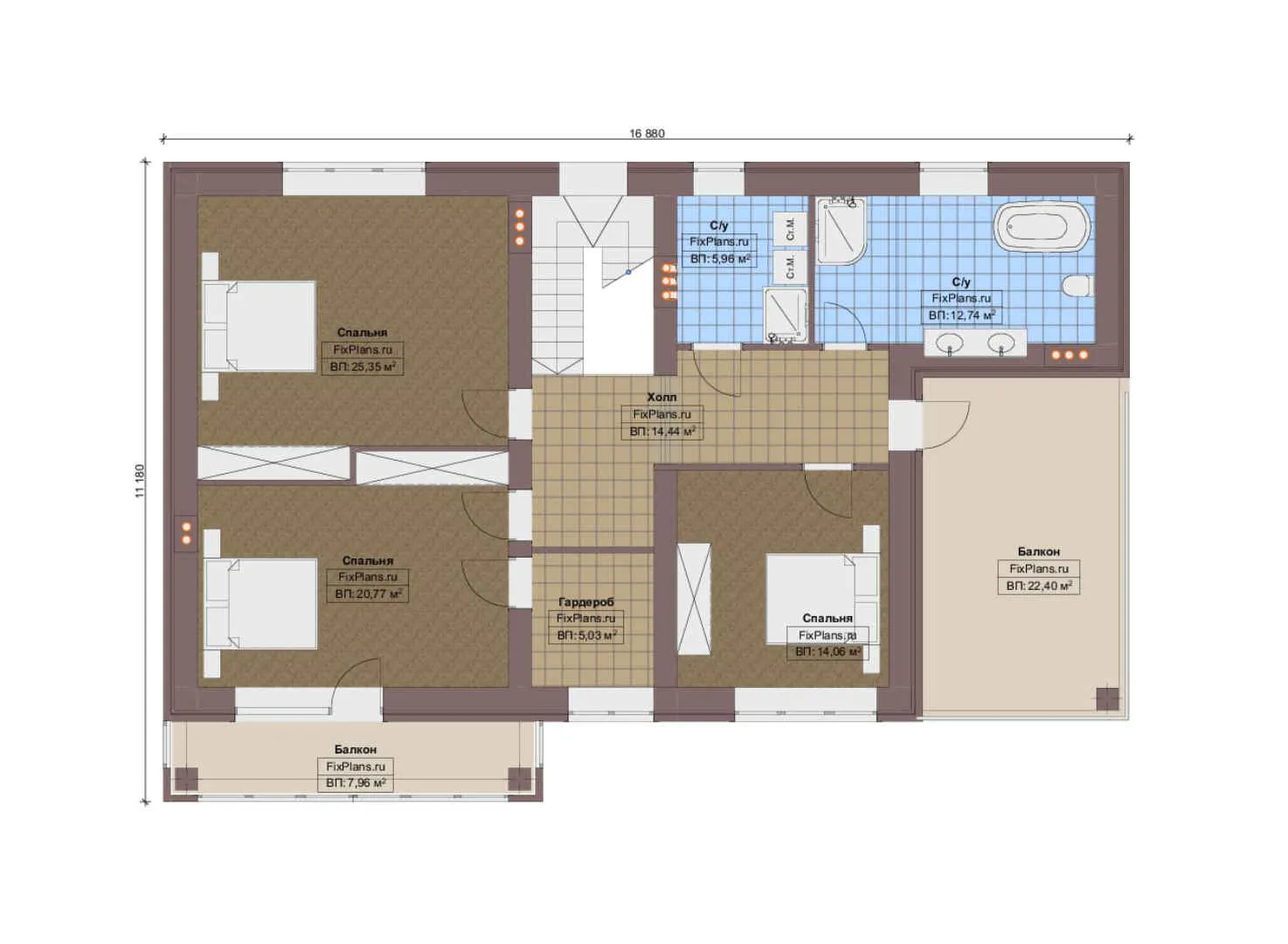 F-9521 - Планы двухэтажного дома 15 на 17, площадью 290 м² с террасой, балконом, баней, гаражом на 1 машину и 3 спальнями
