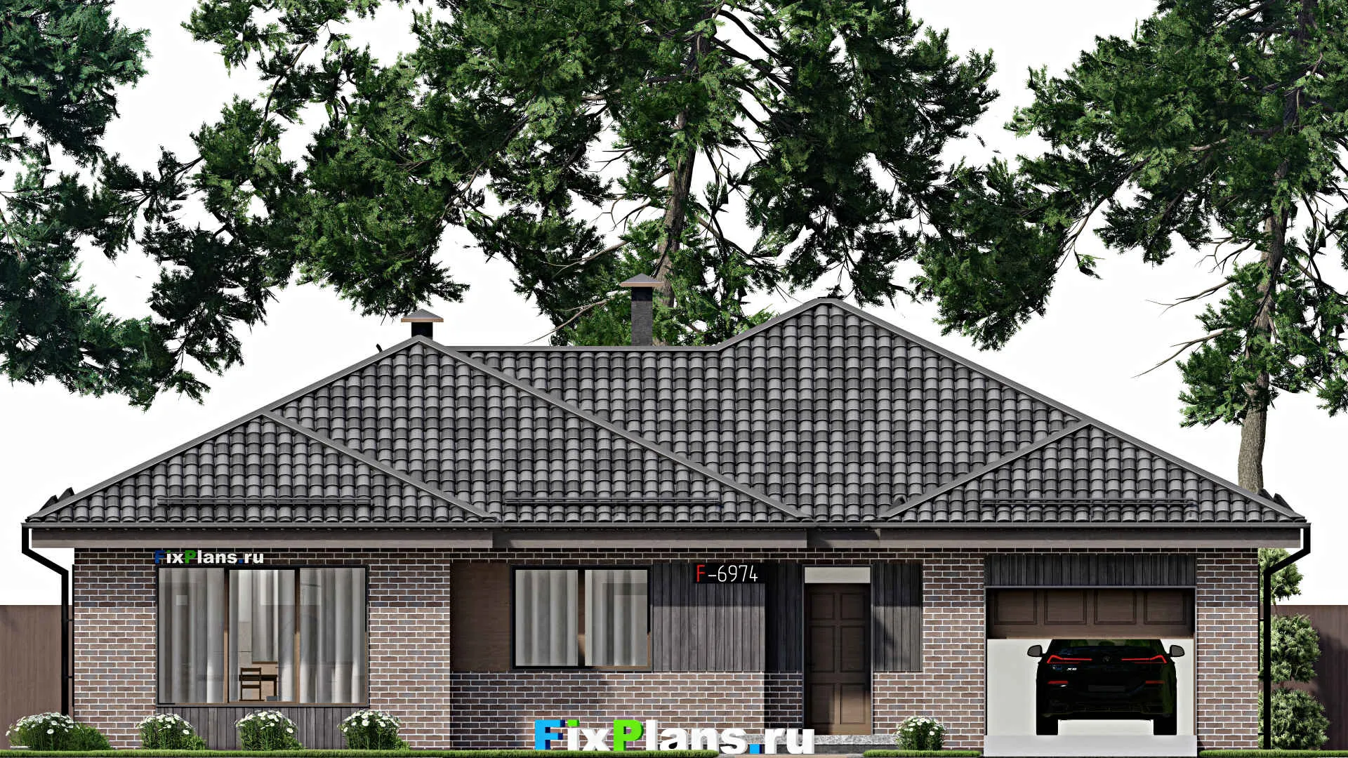 F-6974 - Проект одноэтажного дома 17 на 17, площадью 200 м² с террасой, гаражом на 1 машину и 4 спальнями