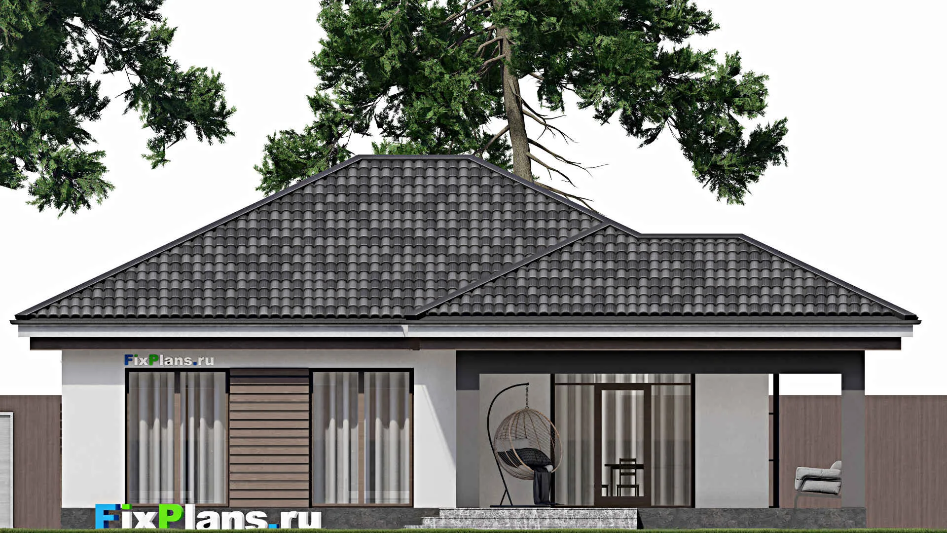 F-1799 - Проект одноэтажного дома 11 на 13, площадью 130 м² с террасой и 3 спальнями