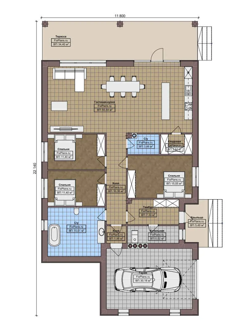 F-8630 - План одноэтажного дома 12 на 23, площадью 220 м² с террасой, гаражом на 1 машину и 3 спальнями