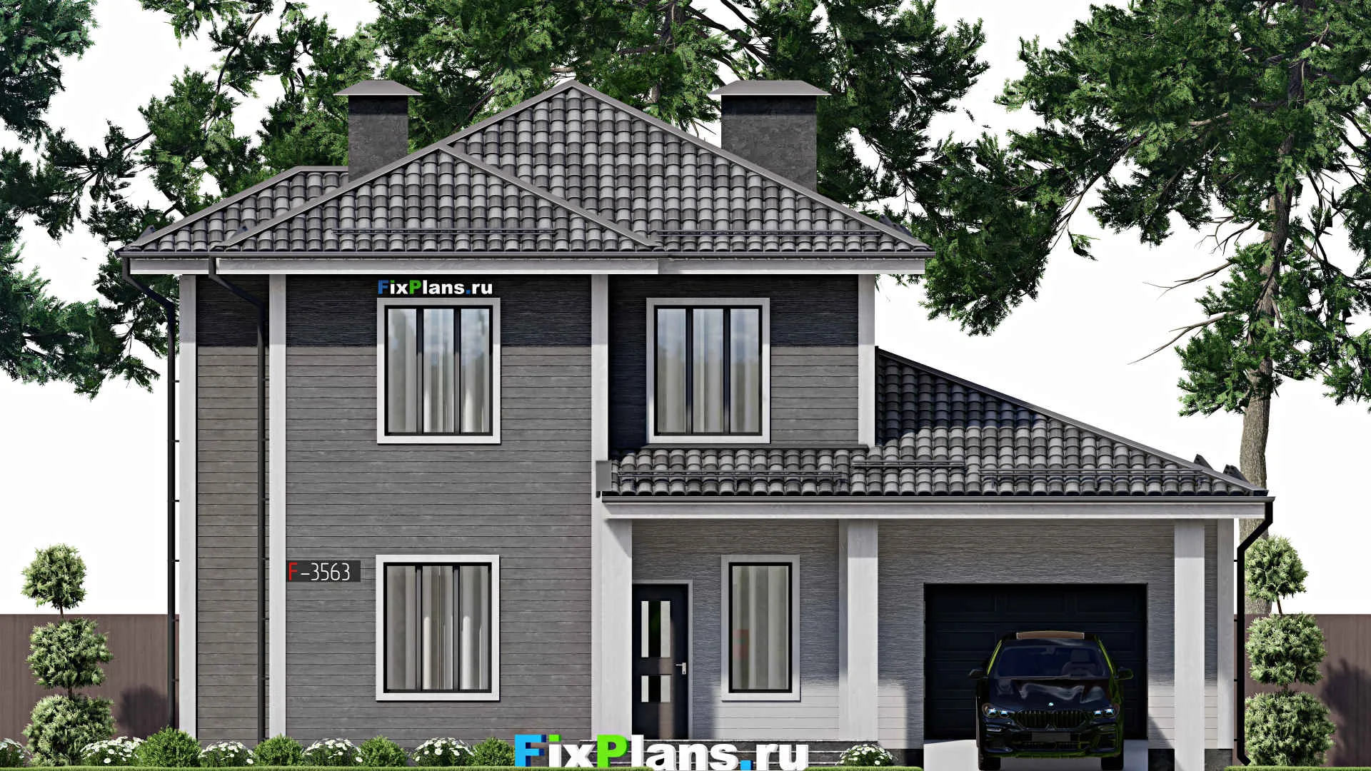 F-3563 - Проект двухэтажного дома 12 на 15, площадью 200 м² с террасой, гаражом на 1 машину и 5 спальнями