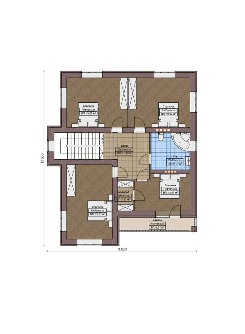 F-4193 - Планы двухэтажного дома 14 на 17, площадью 280 м² с террасой, балконом, гаражом на 1 машину и 4 спальнями