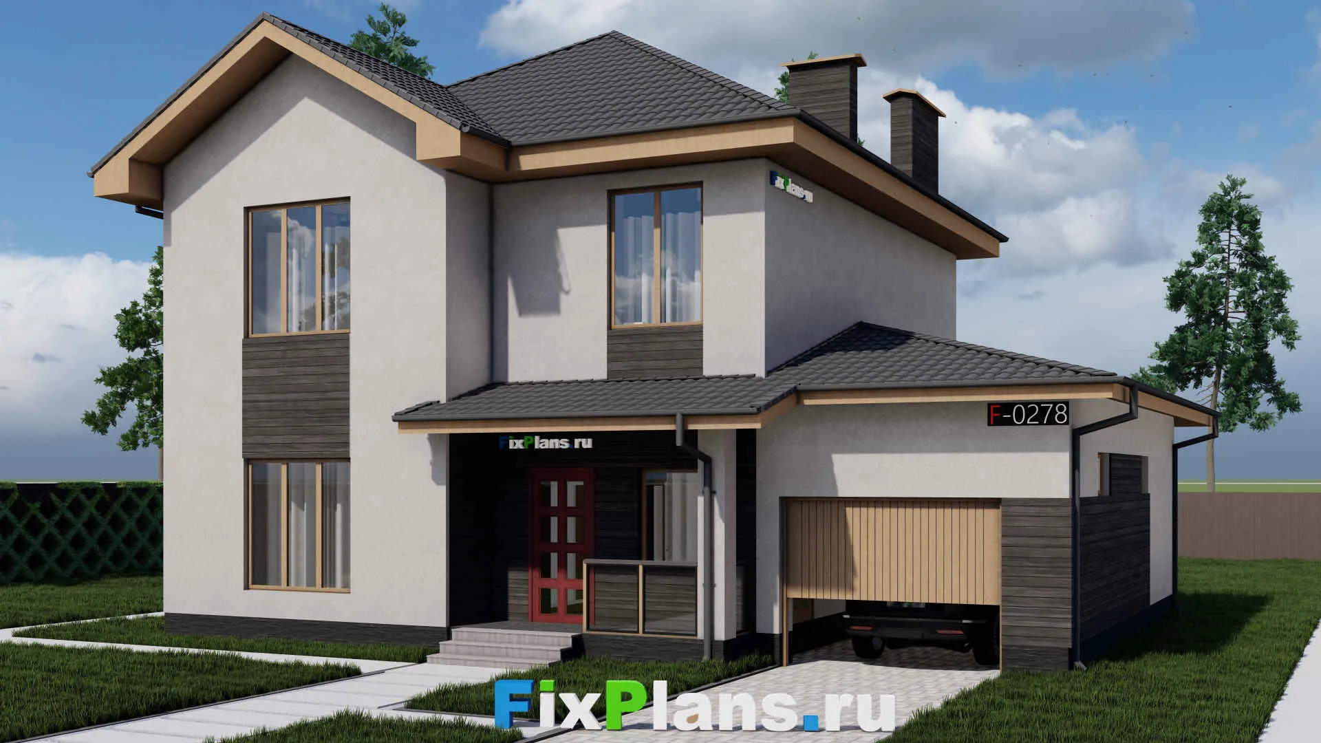 F-0278 - Проект двухэтажного дома 12 на 15, площадью 220 м² с террасой, гаражом на 1 машину и 3 спальнями