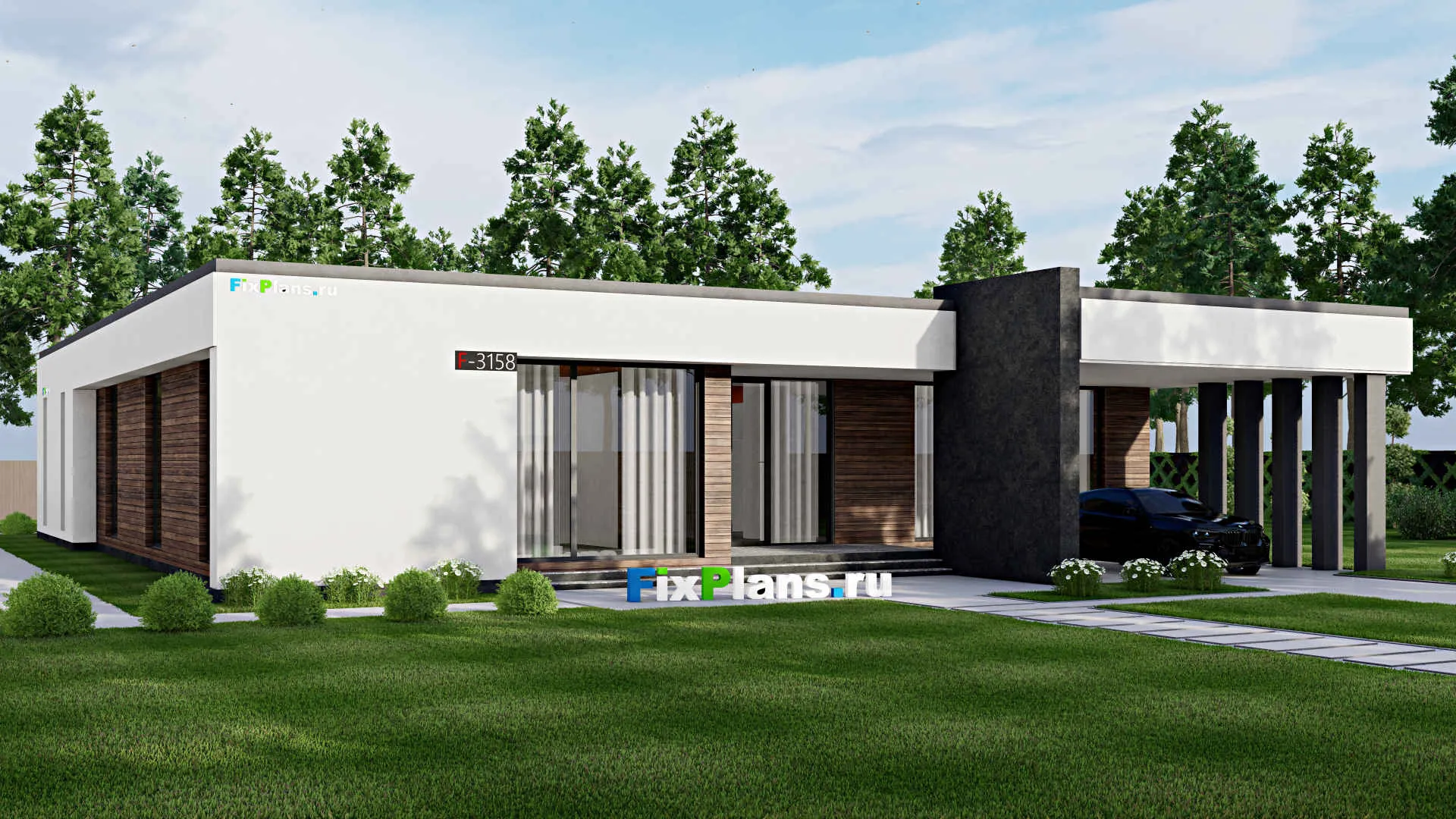 F-3158 - Проект одноэтажного дома 22 на 26, площадью 400 м² с террасой и 4 спальнями