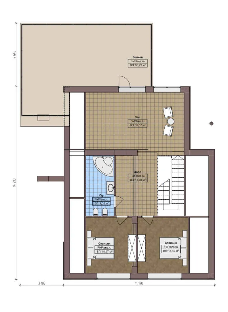 F-4994 - Планы дома с мансардой 15 на 15, площадью 350 м² с террасой, балконом и 4 спальнями