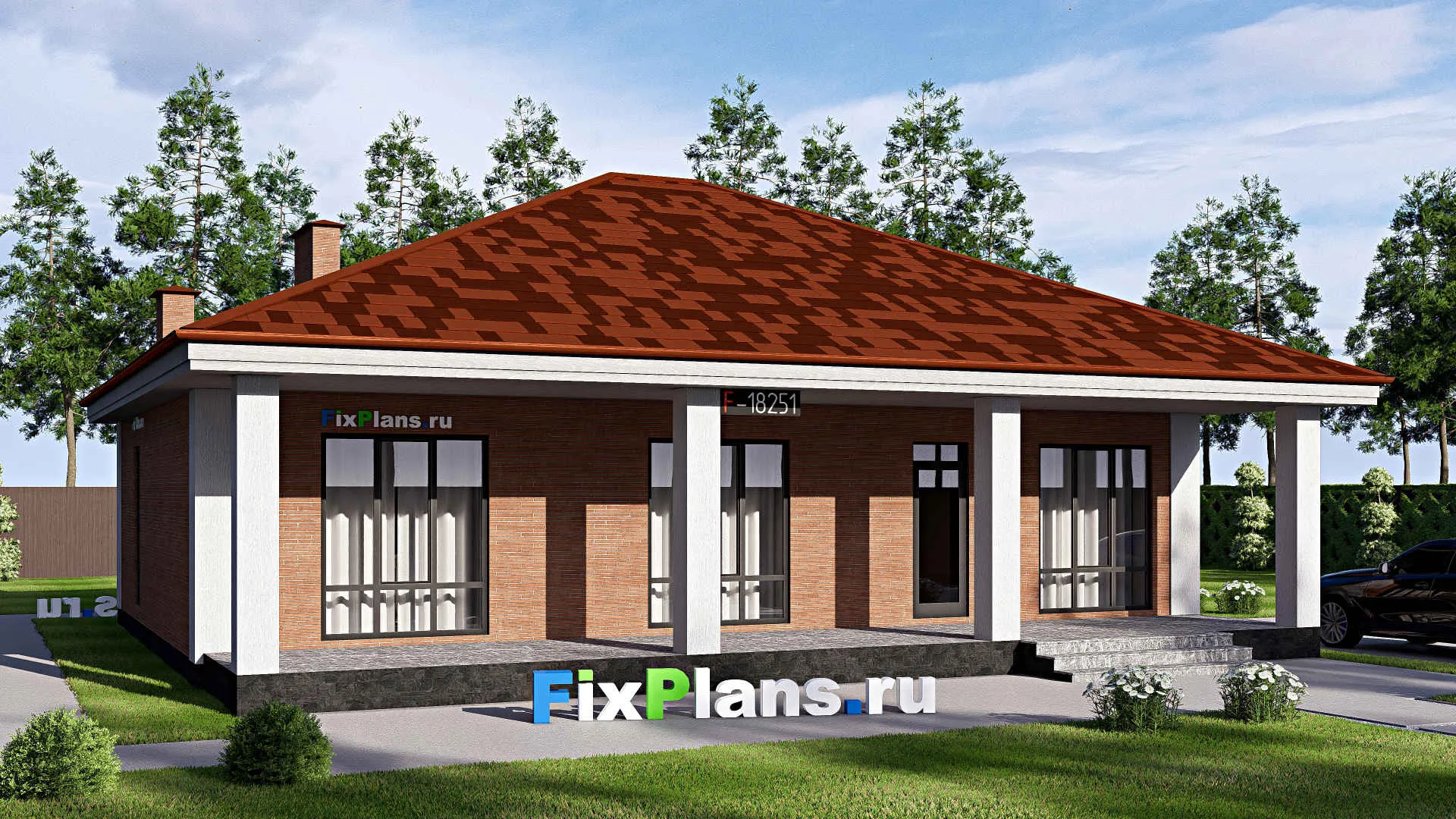 F-18251 - Проект одноэтажного дома 13 на 15, площадью 150 м² с террасой и 3 спальнями