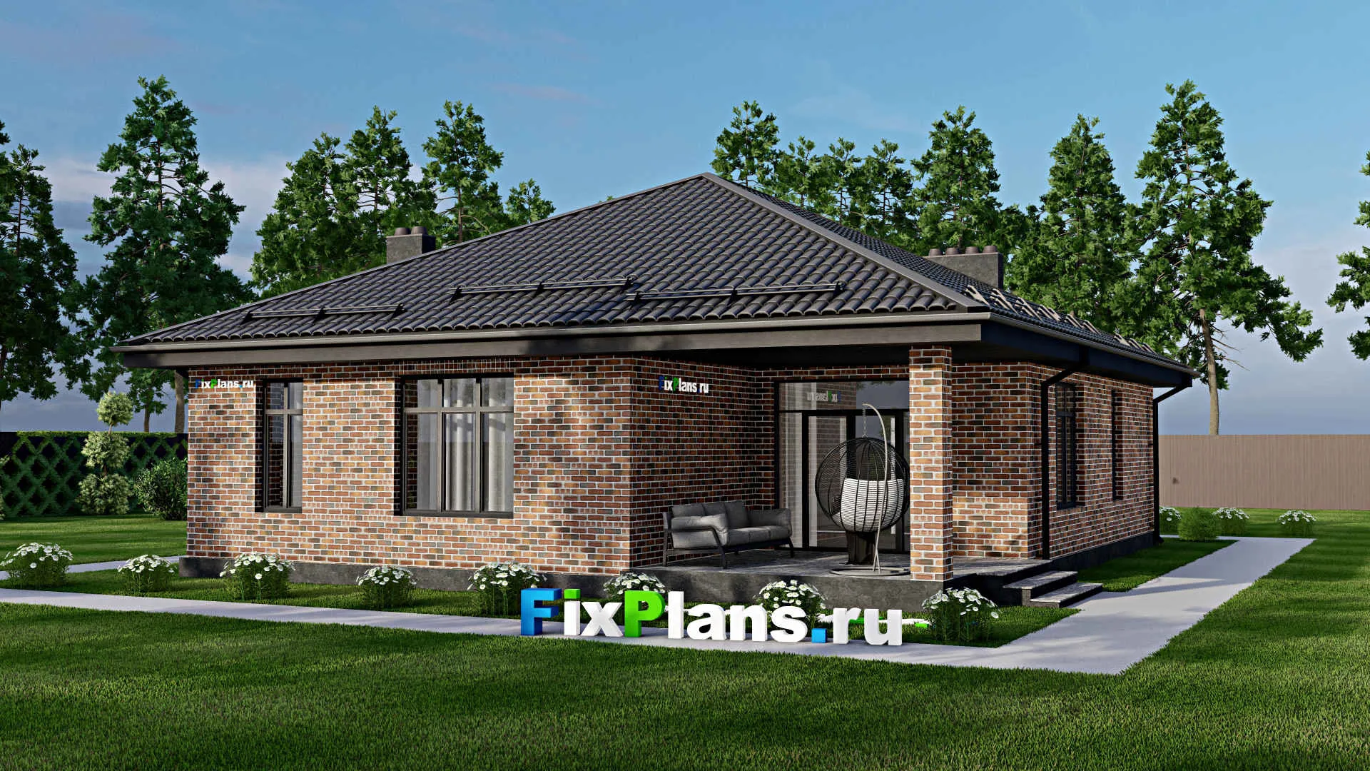 F-2879 - Проект одноэтажного дома 12 на 15, площадью 140 м² с террасой, баней и 2 спальнями