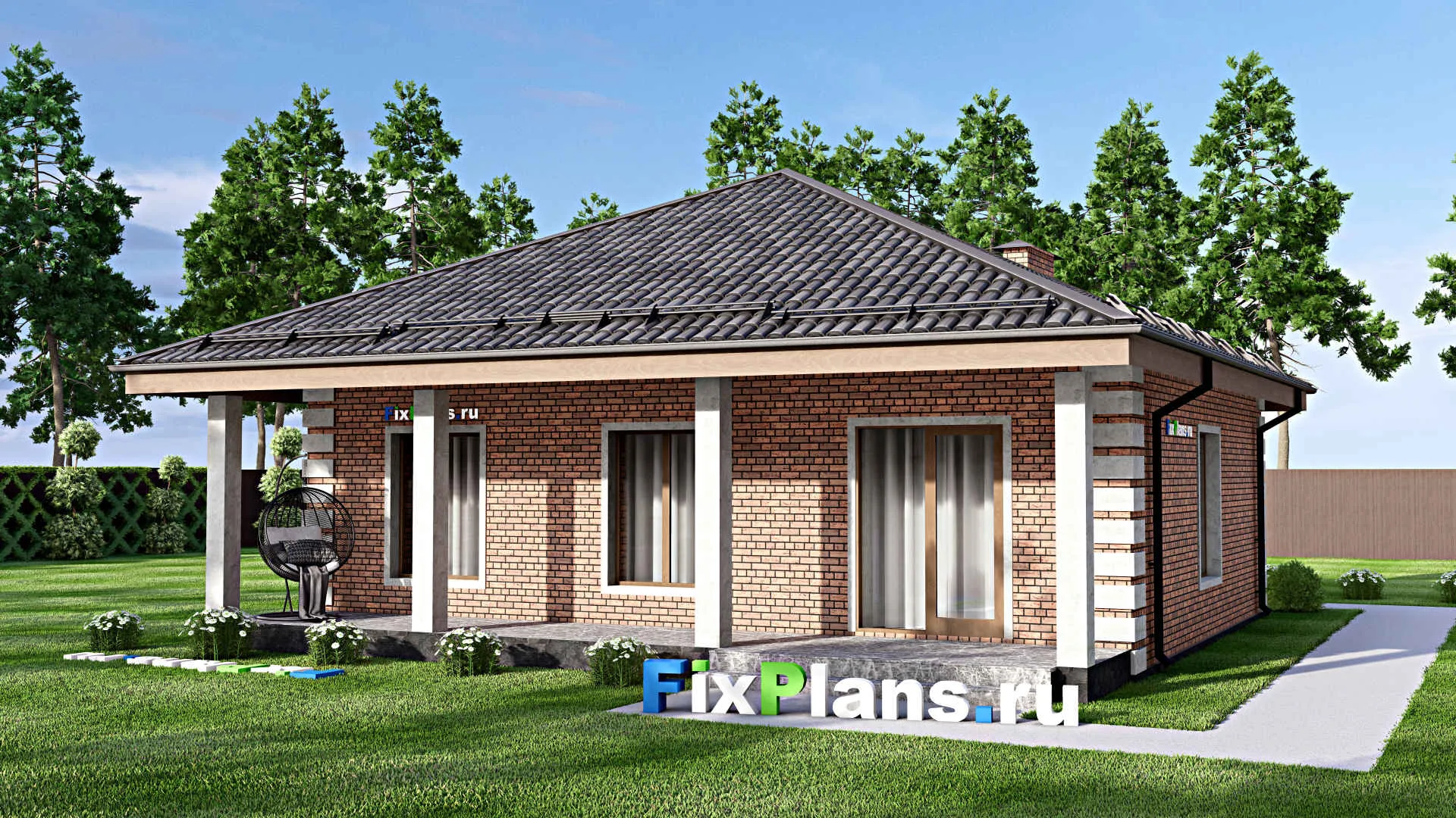 F-13886 - Проект одноэтажного дома 13 на 14, площадью 110 м² с террасой и 3 спальнями