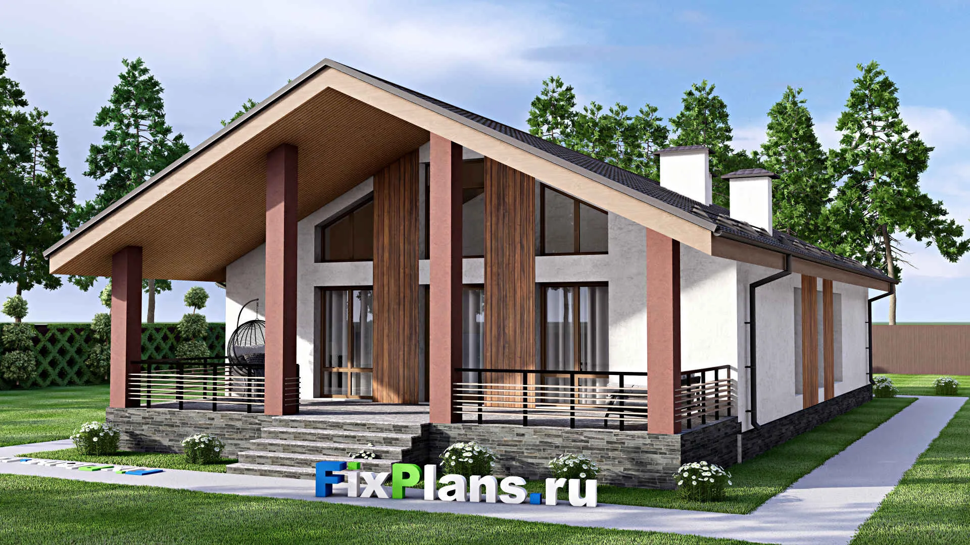 F-12554 - План одноэтажного дома 12 на 13, площадью 200 м² с террасой и 5 спальнями