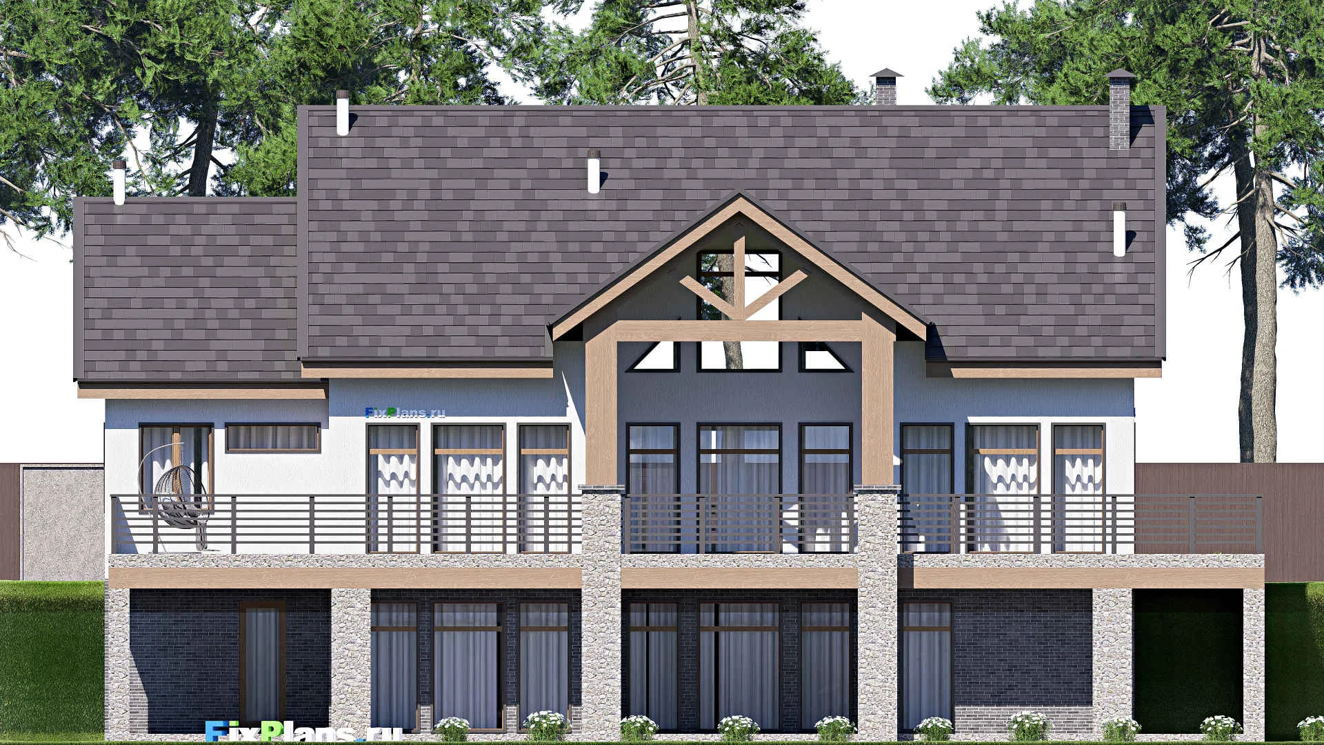 F-20627 - Проект одноэтажного дома 18 на 23, площадью 570 м² с террасой, цокольным этажом, гаражом на 2 машины и 3 спальнями