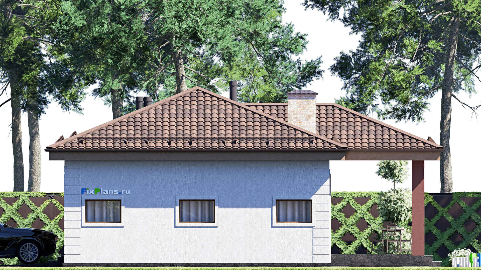 F-19979 - План одноэтажного дома 12 на 19, площадью 150 м² с террасой, гаражом на 2 машины и 2 спальнями