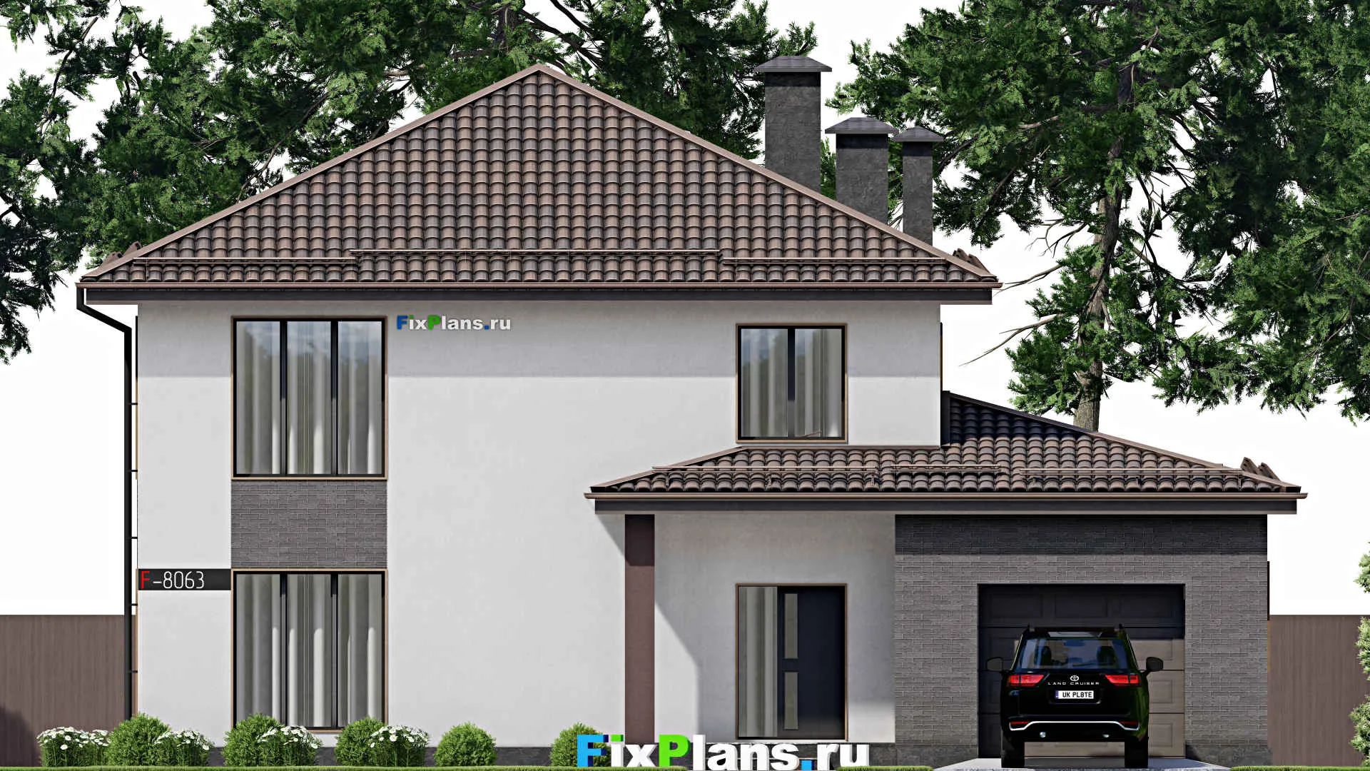 F-8063 - Планы двухэтажного дома 13 на 16, площадью 250 м² с террасой, гаражом на 1 машину и 4 спальнями