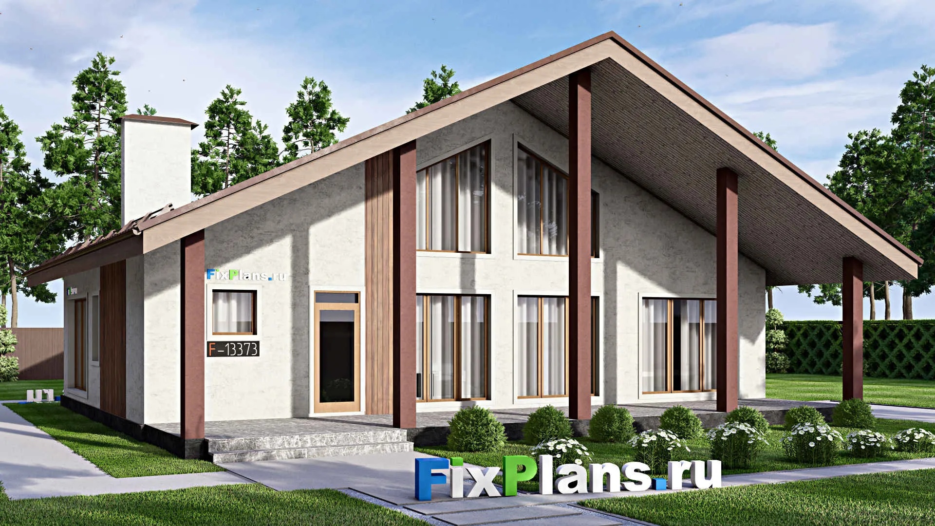 F-13373 - Проект одноэтажного дома 14 на 16, площадью 170 м² с террасой и 3 спальнями