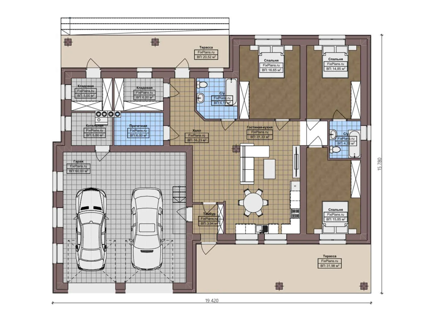 F-2384 - План одноэтажного дома 16 на 20, площадью 250 м² с террасой, гаражом на 2 машины и 3 спальнями