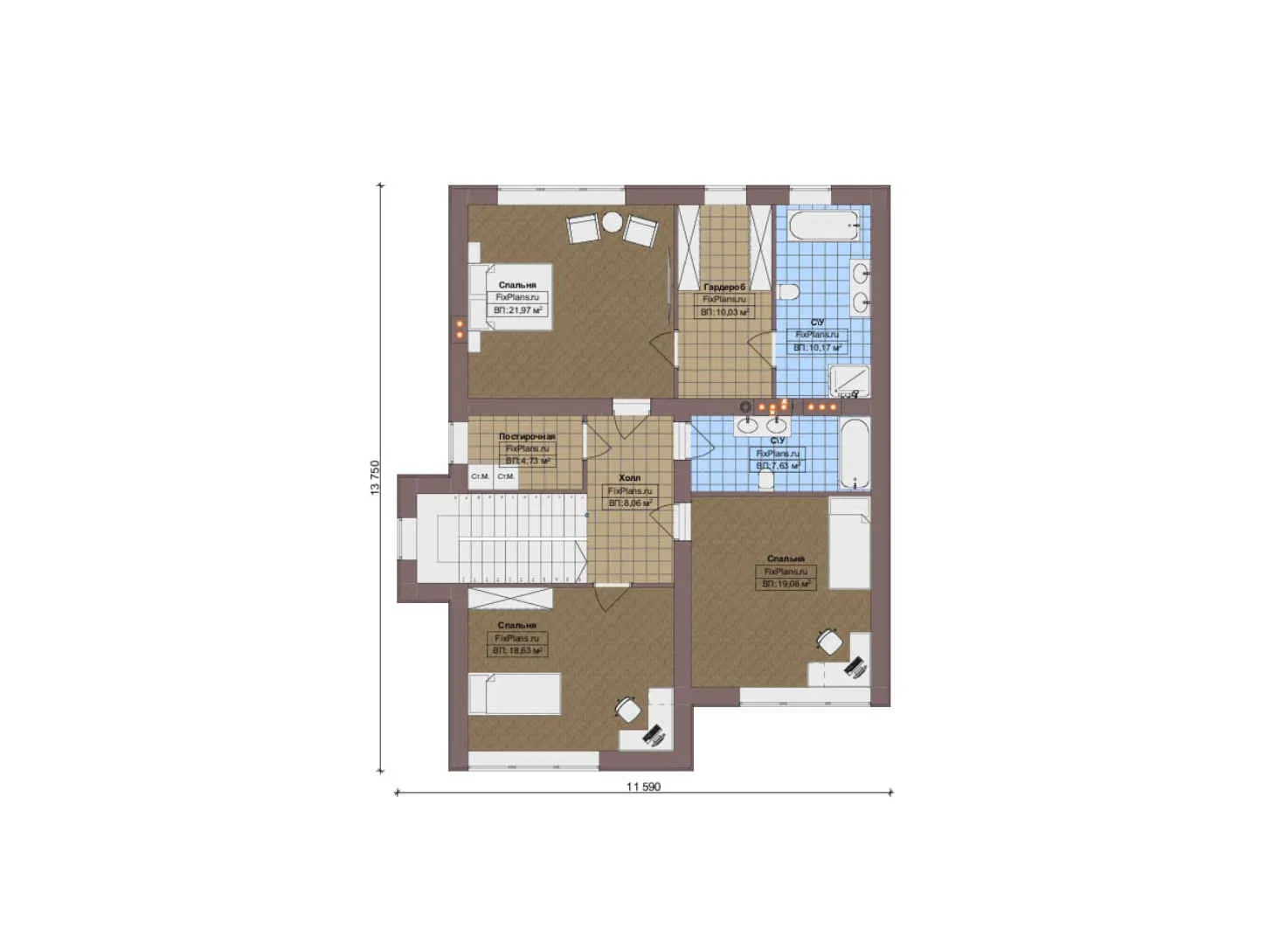 F-19430 - Планы двухэтажного дома 12 на 19, площадью 240 м² с террасой и 3 спальнями