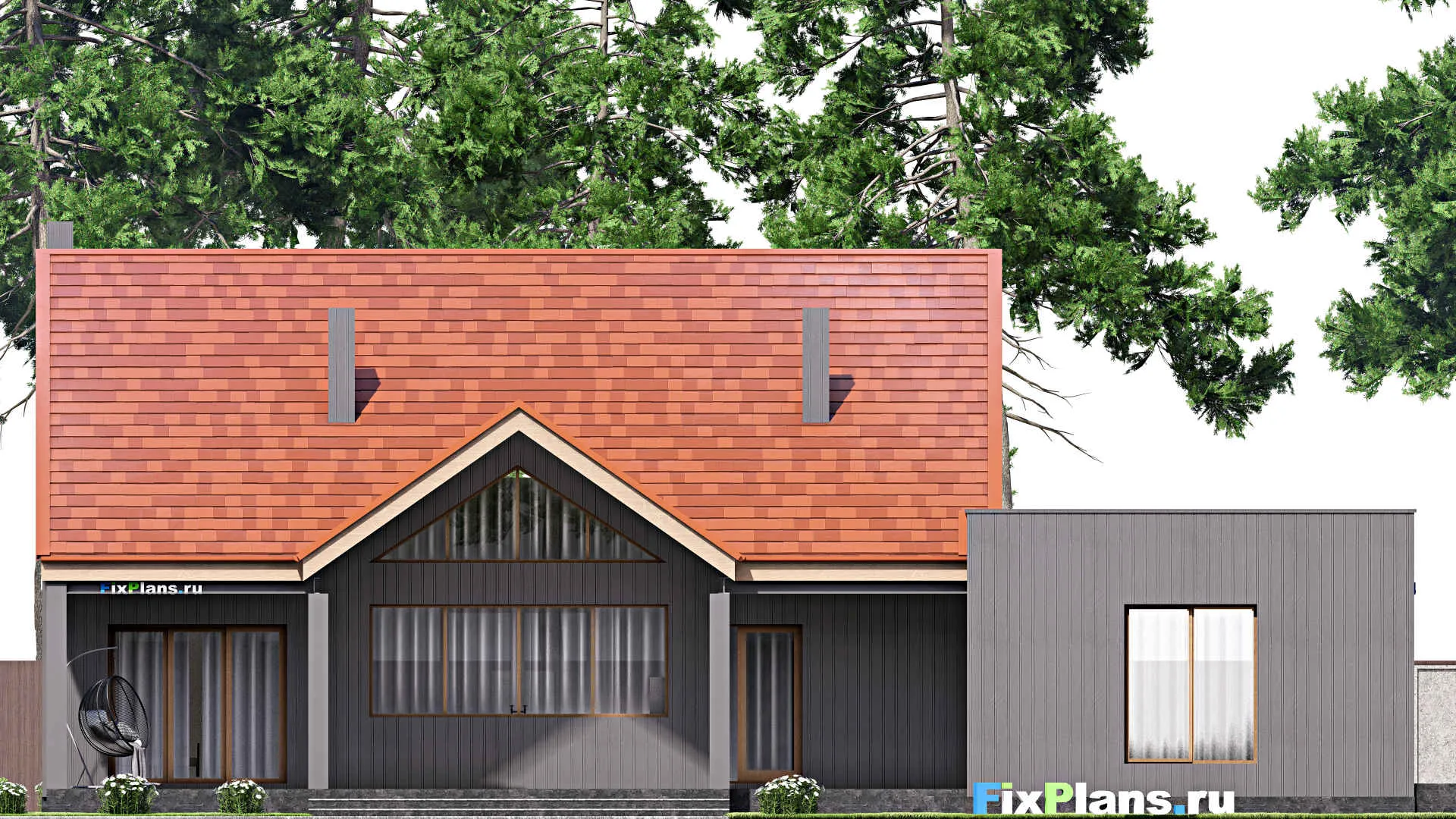 F-16685 - Проект одноэтажного дома 19 на 21, площадью 260 м² с террасой, гаражом на 2 машины и 3 спальнями