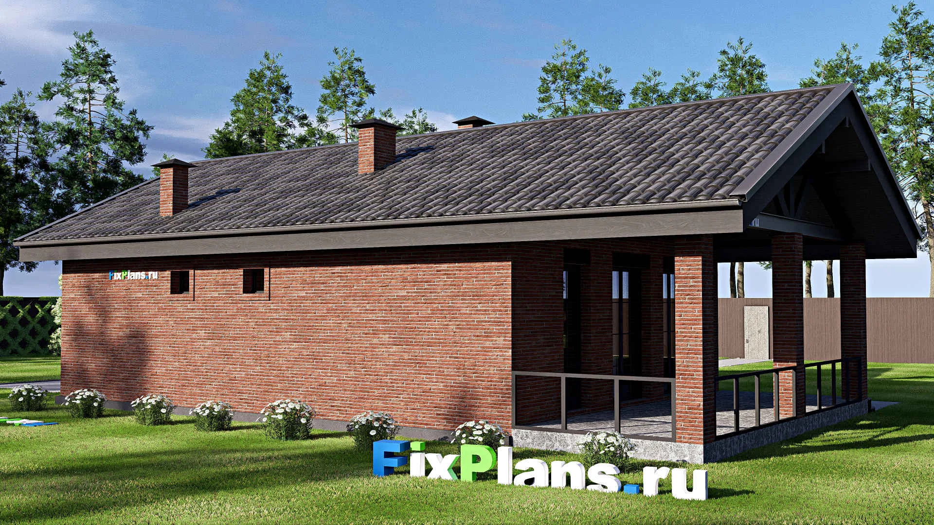 F-19043 - Проект одноэтажного дома 10 на 15, площадью 100 м² с террасой и 1 спальнями