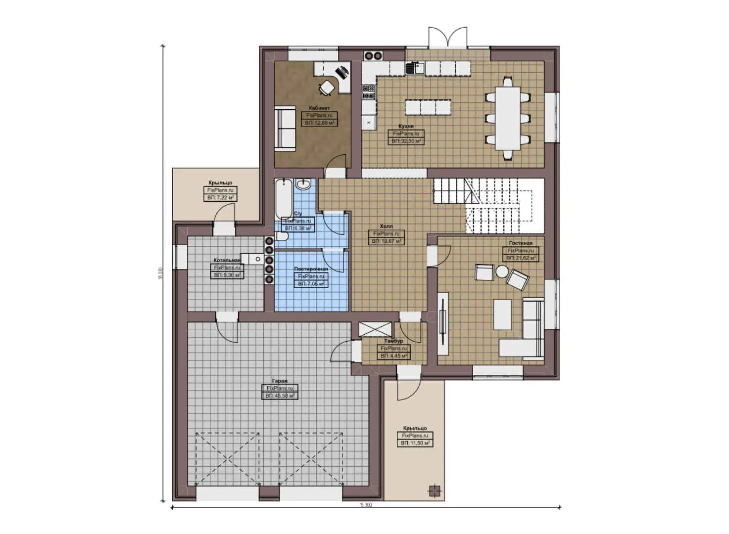 F-7433 - Планы двухэтажного дома 16 на 19, площадью 340 м² с террасой, гаражом на 2 машины и 5 спальнями