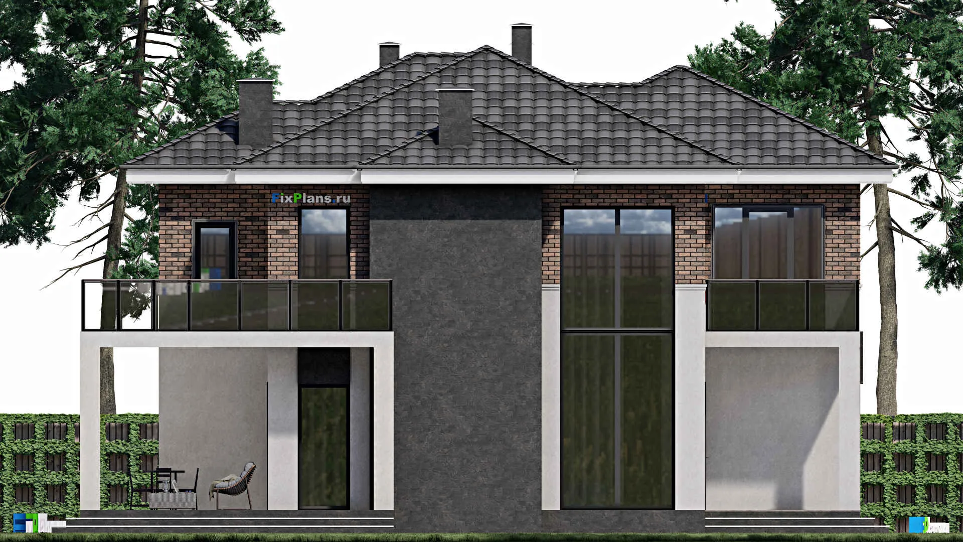 F-1088 - Проект двухэтажного дома 14 на 15, площадью 250 м² с террасой, балконом, вторым светом и 5 спальнями