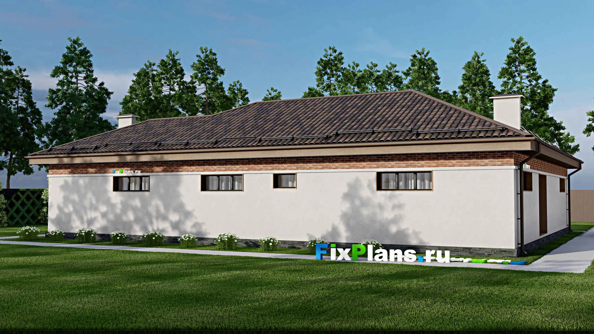 F-8162 - Проект одноэтажного дома 16 на 21, площадью 190 м² с террасой, баней, бассейном и 2 спальнями