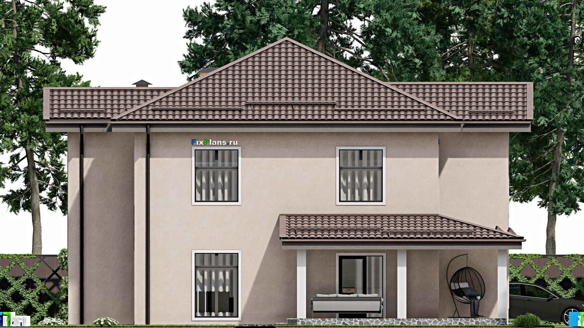 F-6362 - Проект двухэтажного дома 15 на 15, площадью 240 м² с террасой, балконом, баней, гаражом на 1 машину и 3 спальнями