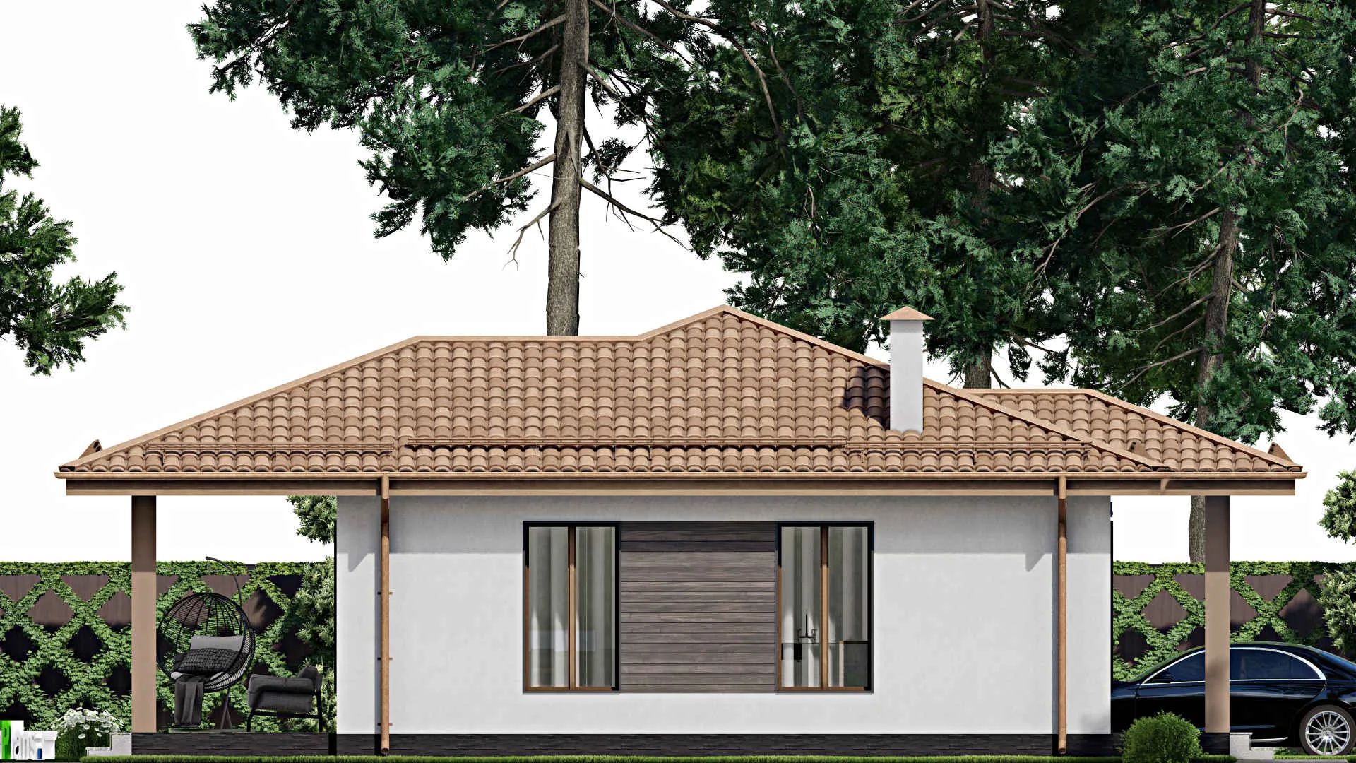 F-10790 - Проект одноэтажного дома 14 на 16, площадью 130 м² с террасой и 3 спальнями