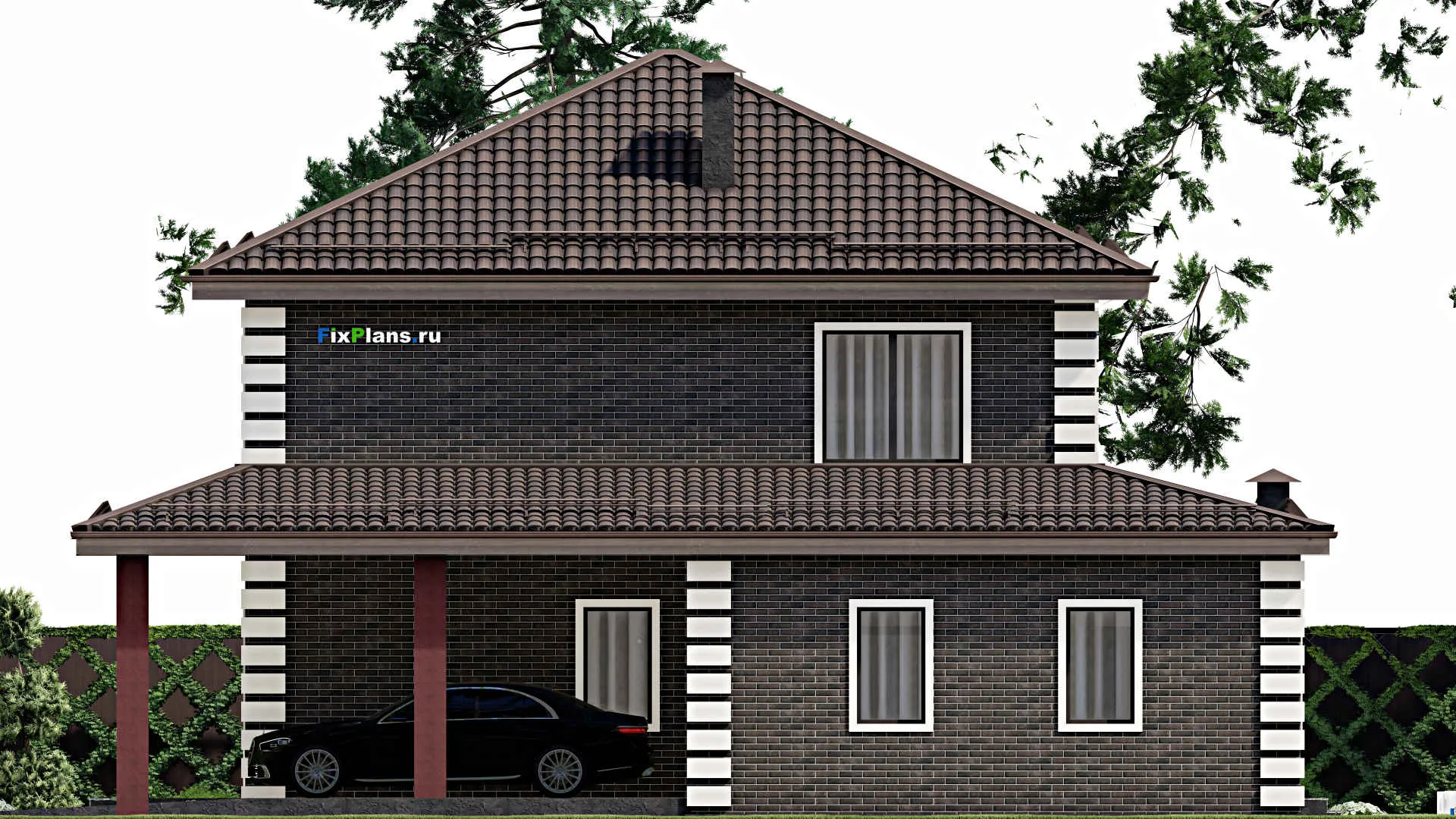 F-7199 - Проект двухэтажного дома 15 на 15, площадью 240 м² с террасой, гаражом на 1 машину и 4 спальнями