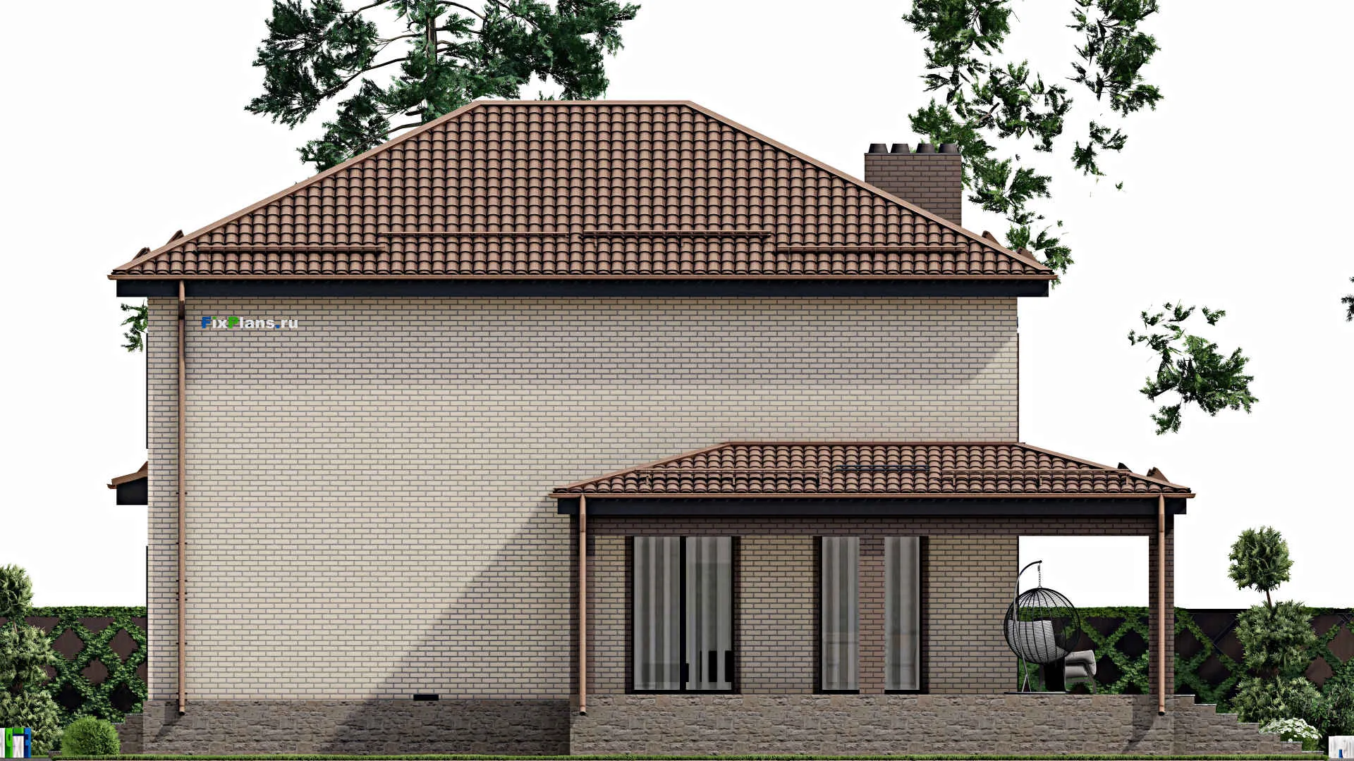 F-3086 - Проект двухэтажного дома 17 на 18, площадью 410 м² с террасой, цокольным этажом, баней, гаражом на 1 машину и 5 спальнями