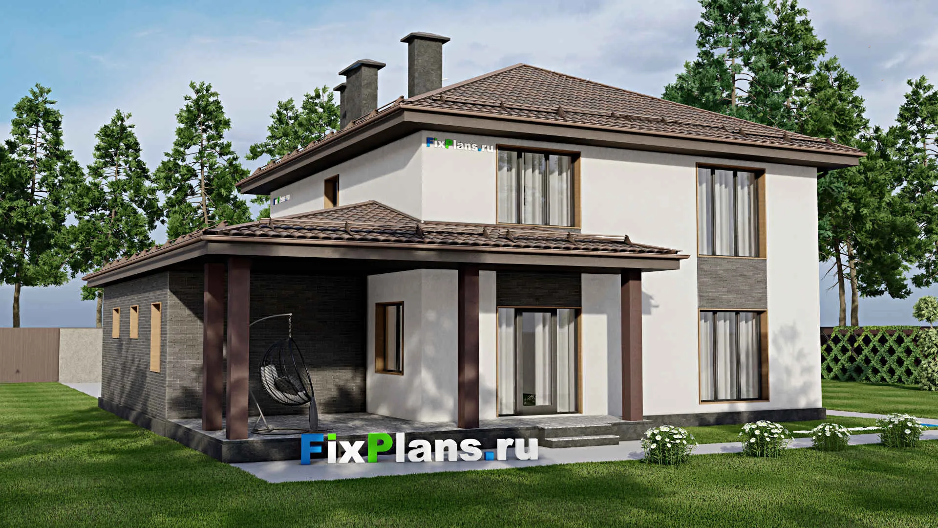 F-8063 - Планы двухэтажного дома 13 на 16, площадью 250 м² с террасой, гаражом на 1 машину и 4 спальнями