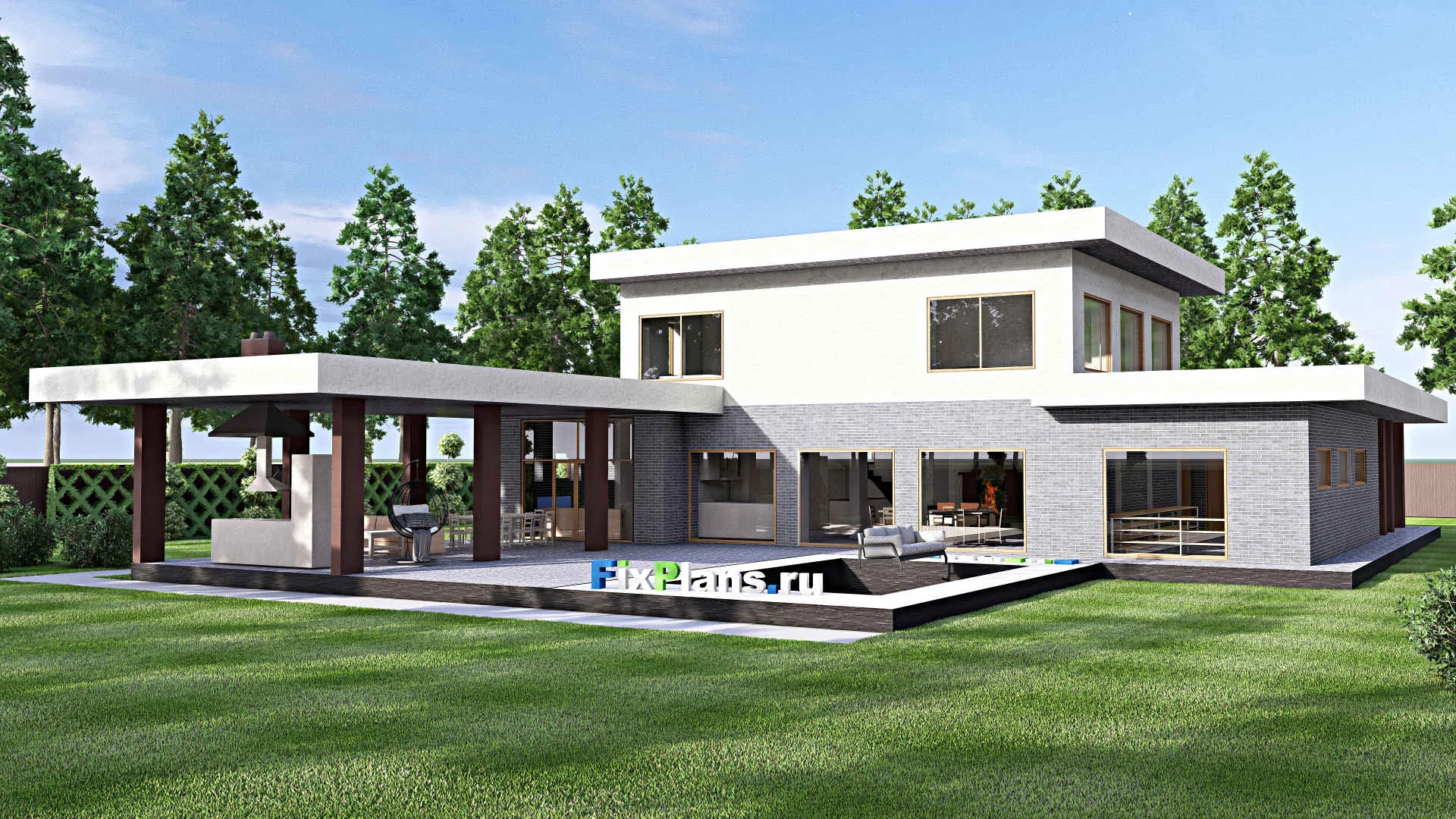 F-5327 - Планы двухэтажного дома 22 на 33, площадью 360 м² с террасой, баней, гаражом на 2 машины и 3 спальнями