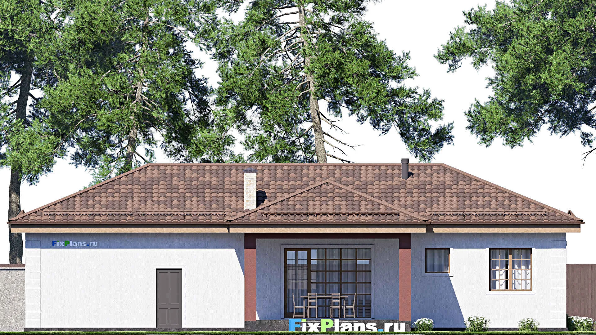 F-19979 - План одноэтажного дома 12 на 19, площадью 150 м² с террасой, гаражом на 2 машины и 2 спальнями