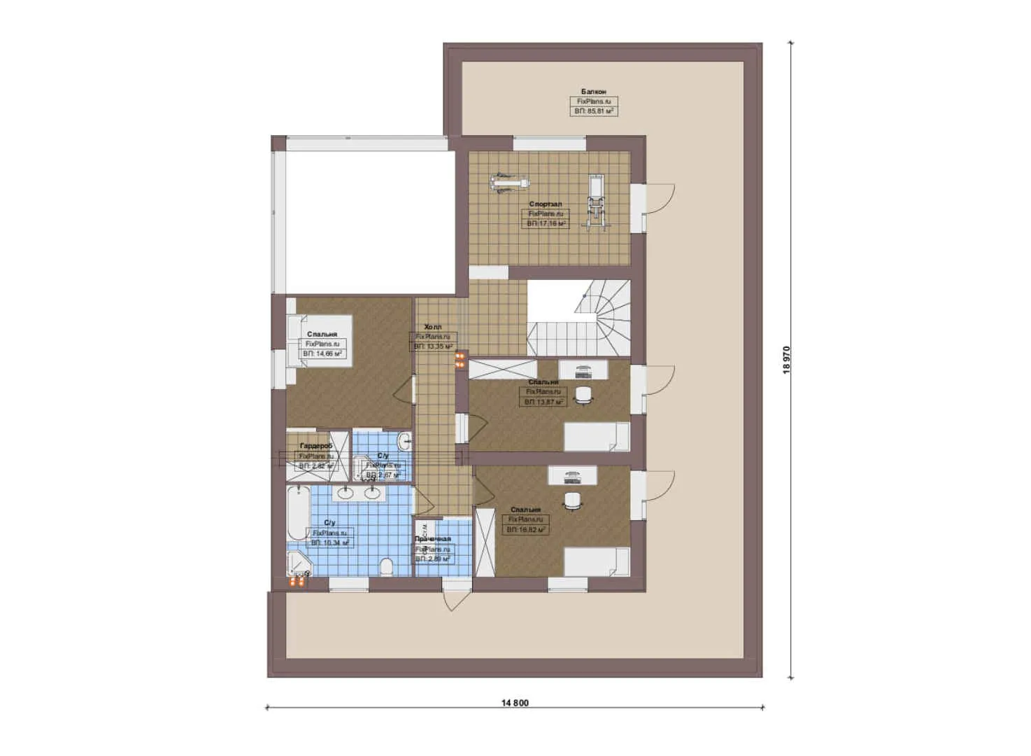 F-16226 - Планы двухэтажного дома 15 на 19, площадью 380 м² с террасой, балконом, гаражом на 1 машину, спортзалом и 3 спальнями