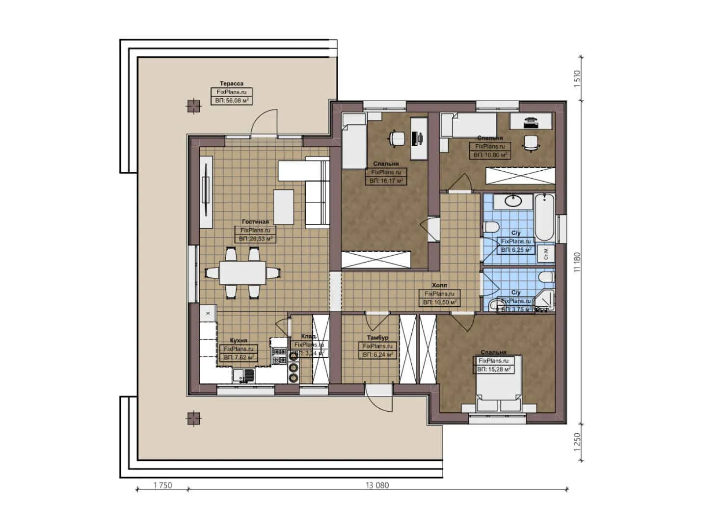 F-2411 - План одноэтажного дома 12 на 14, площадью 170 м² с террасой и 3 спальнями