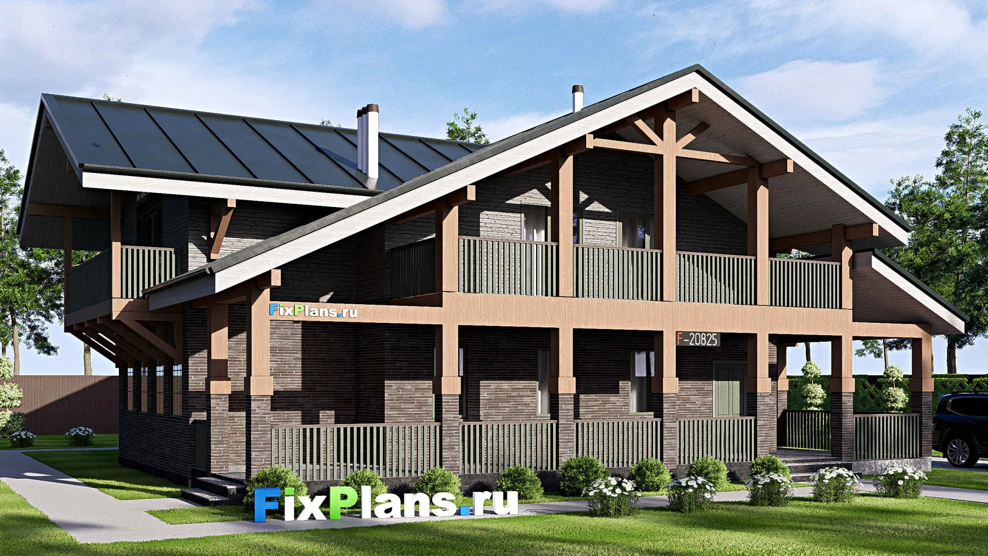 F-20825 - Проект дома с мансардой 16 на 16, площадью 360 м² с террасой, балконом и 4 спальнями