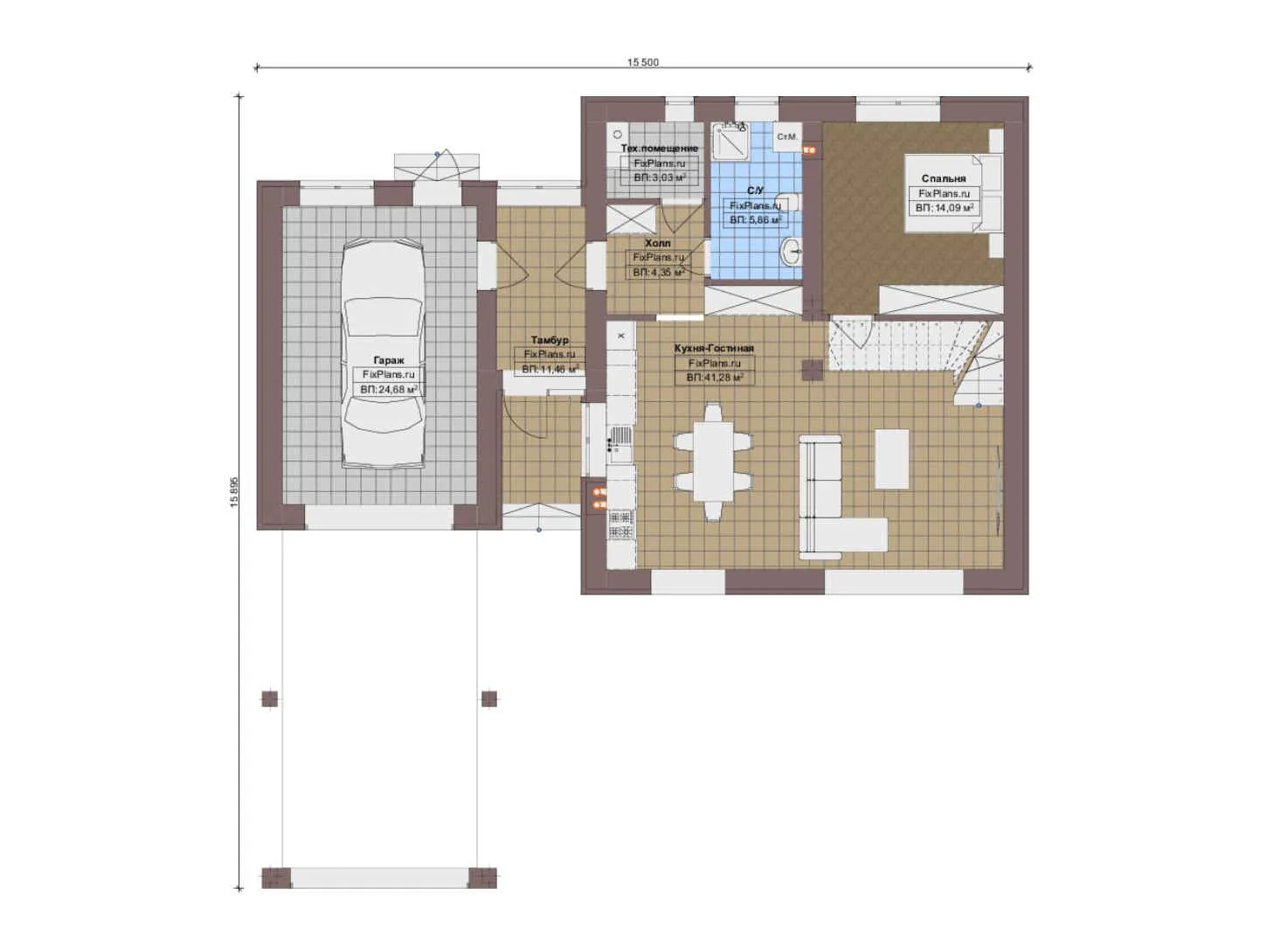 F-19286 - Планы дома с мансардой 16 на 16, площадью 140 м² с гаражом на 1 машину и 2 спальнями