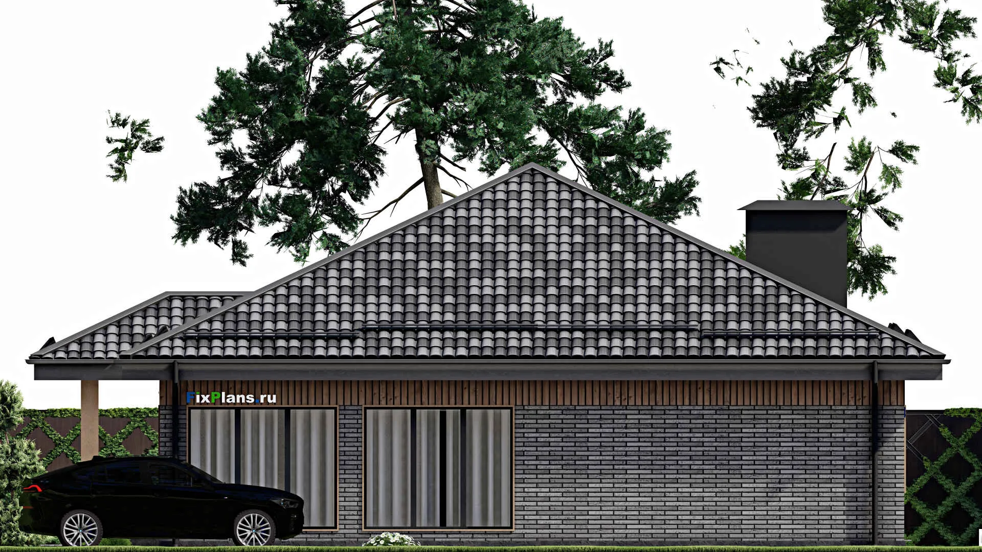 F-7694 - Проект одноэтажного дома 15 на 16, площадью 170 м² с террасой, баней и 3 спальнями