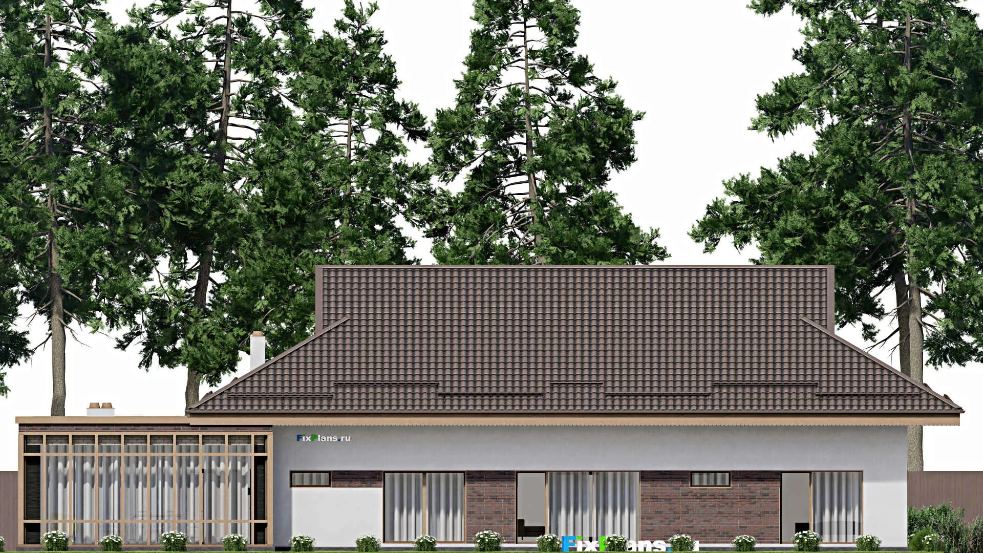 F-2681 - Проект одноэтажного дома 14 на 26, площадью 210 м² с террасой, баней и 2 спальнями