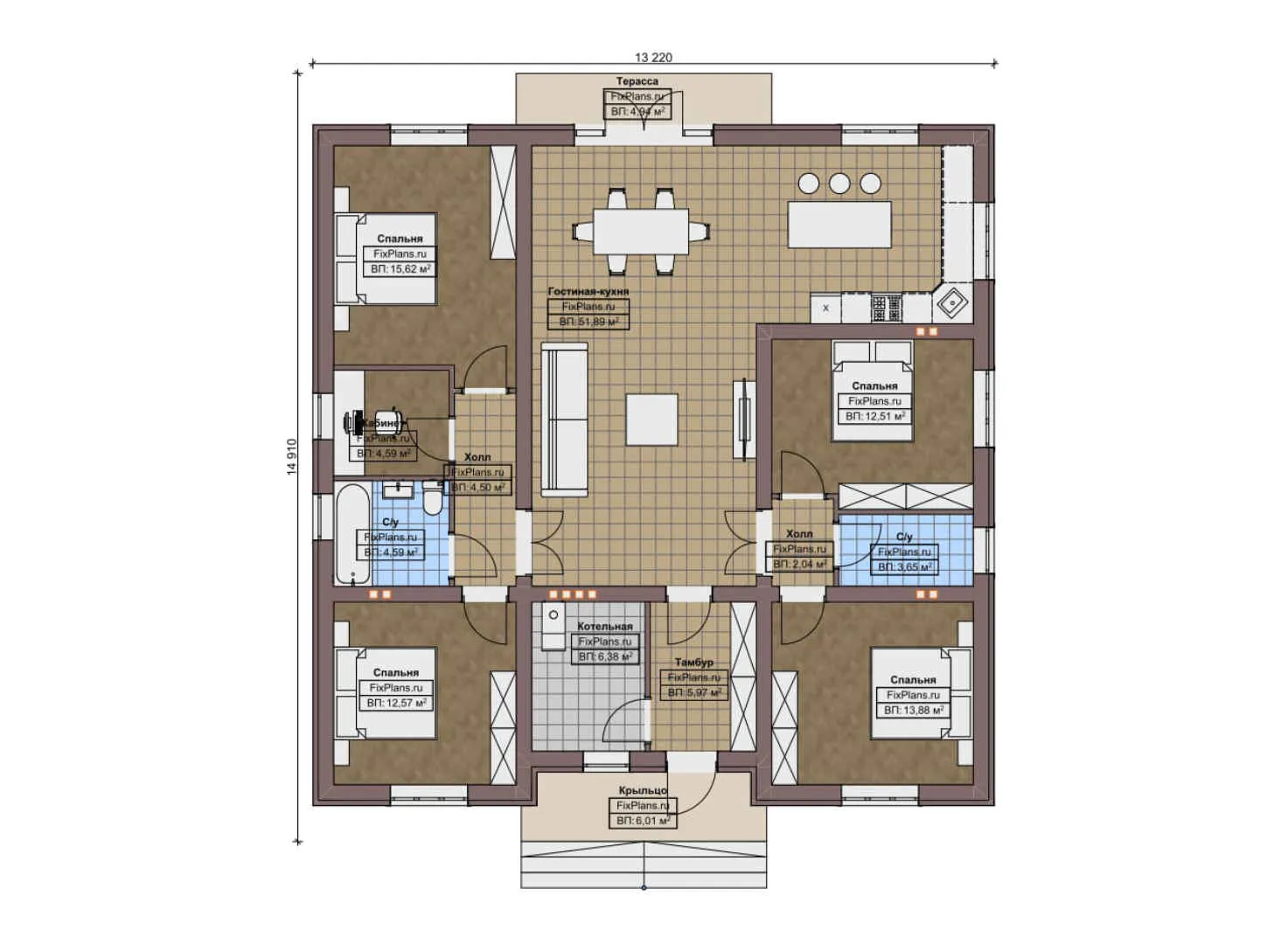 F-11096 - План одноэтажного дома 14 на 15, площадью 150 м² с террасой и 4 спальнями