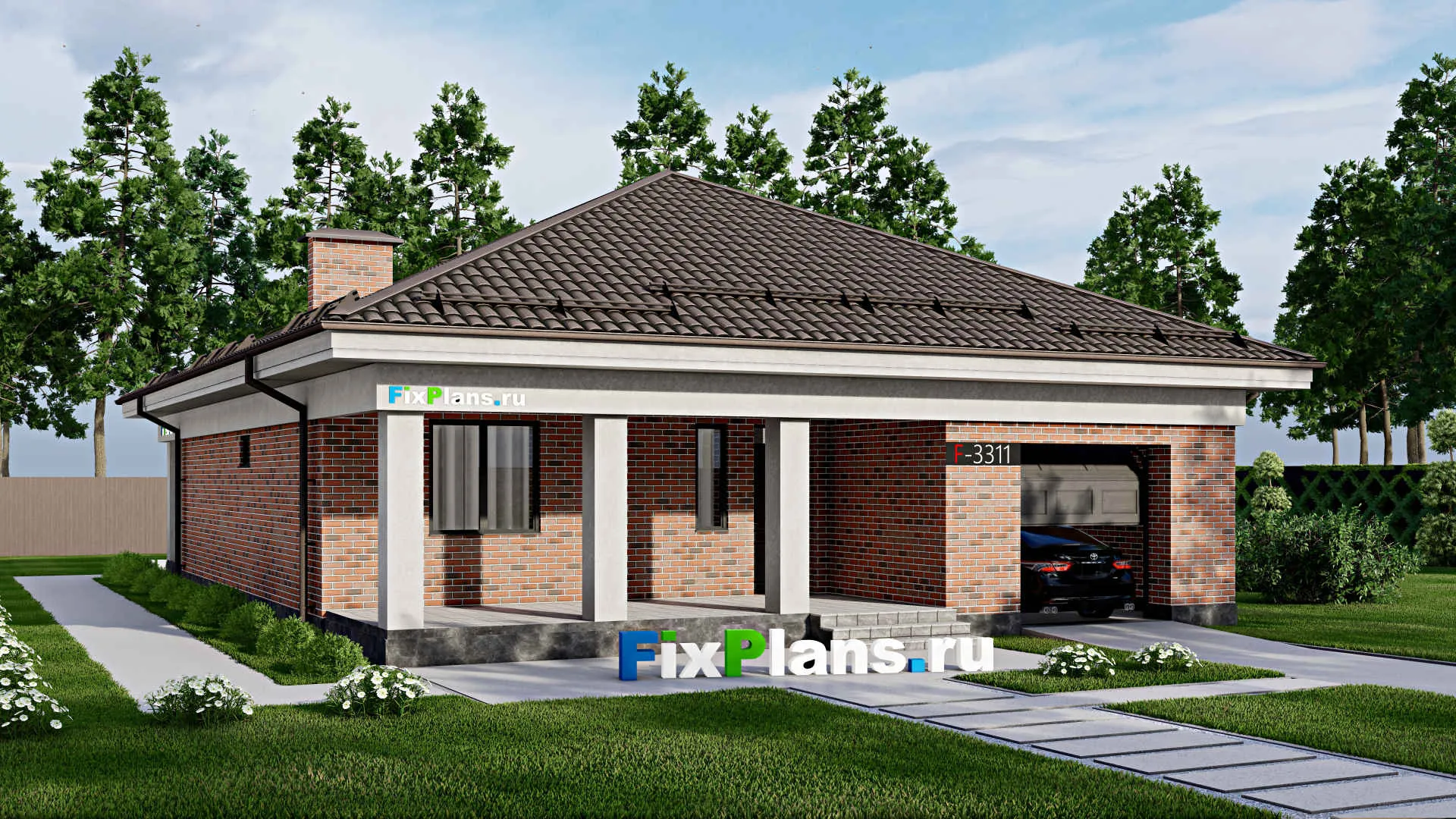 F-3311 - Проект одноэтажного дома 12 на 18, площадью 180 м² с террасой, гаражом на 1 машину и 3 спальнями
