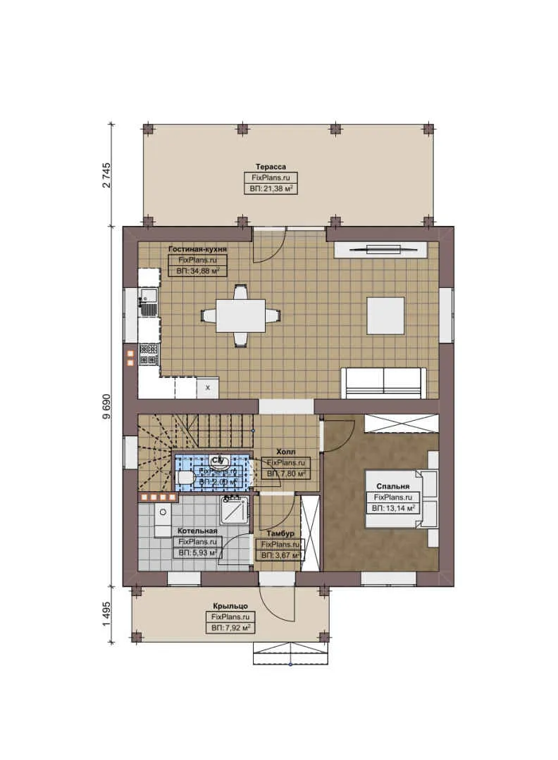F-3491 - Планы двухэтажного дома 9 на 10, площадью 160 м² с террасой и 4 спальнями