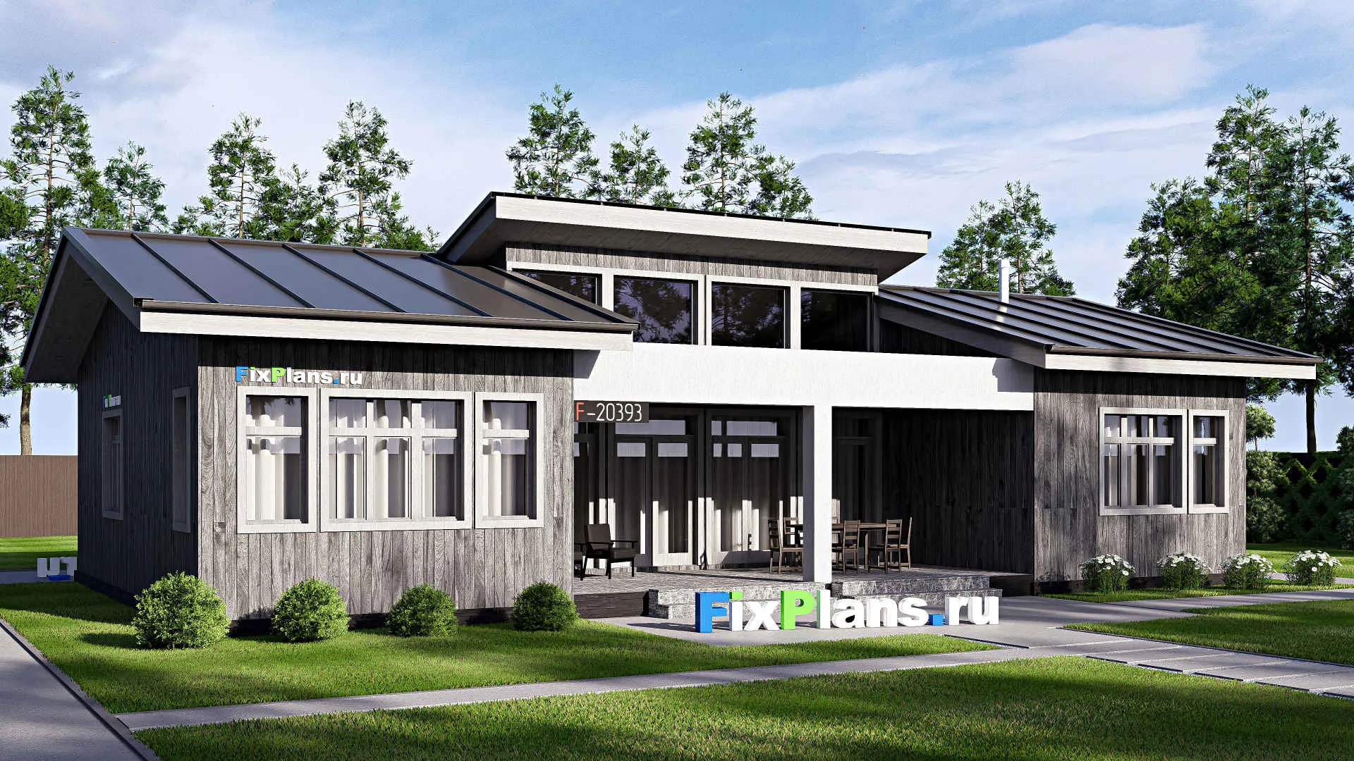 F-20393 - Проект одноэтажного дома 15 на 18, площадью 180 м² с террасой, гаражом на 1 машину и 3 спальнями