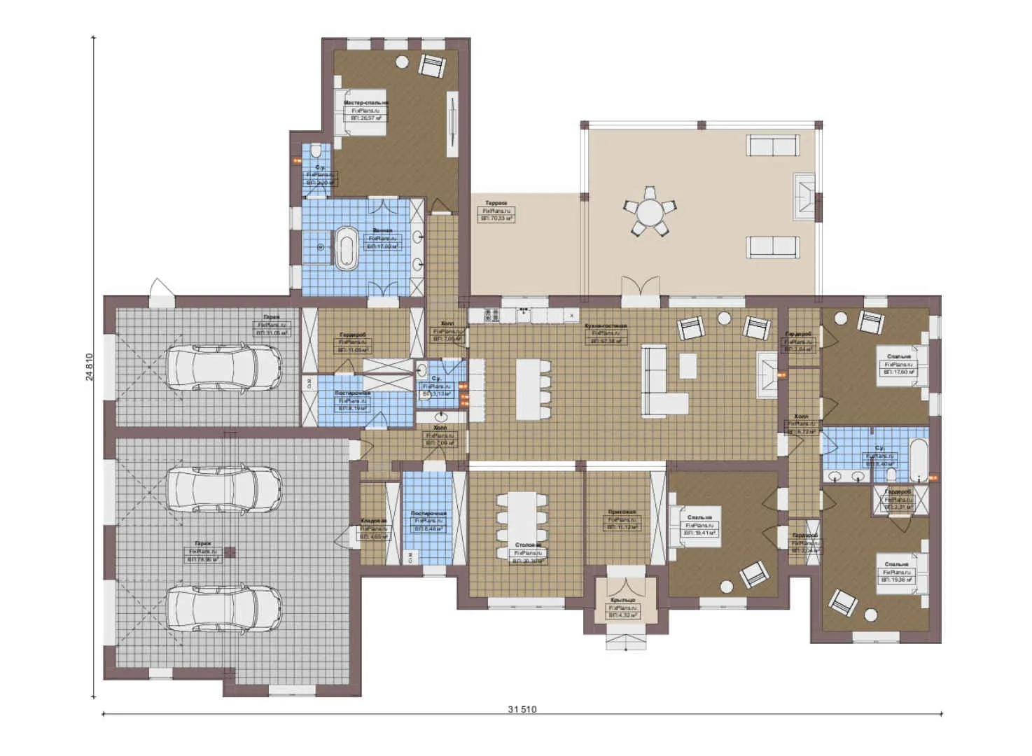F-19853 - План одноэтажного дома 25 на 32, площадью 460 м² с террасой, гаражом на 2 машины и 4 спальнями