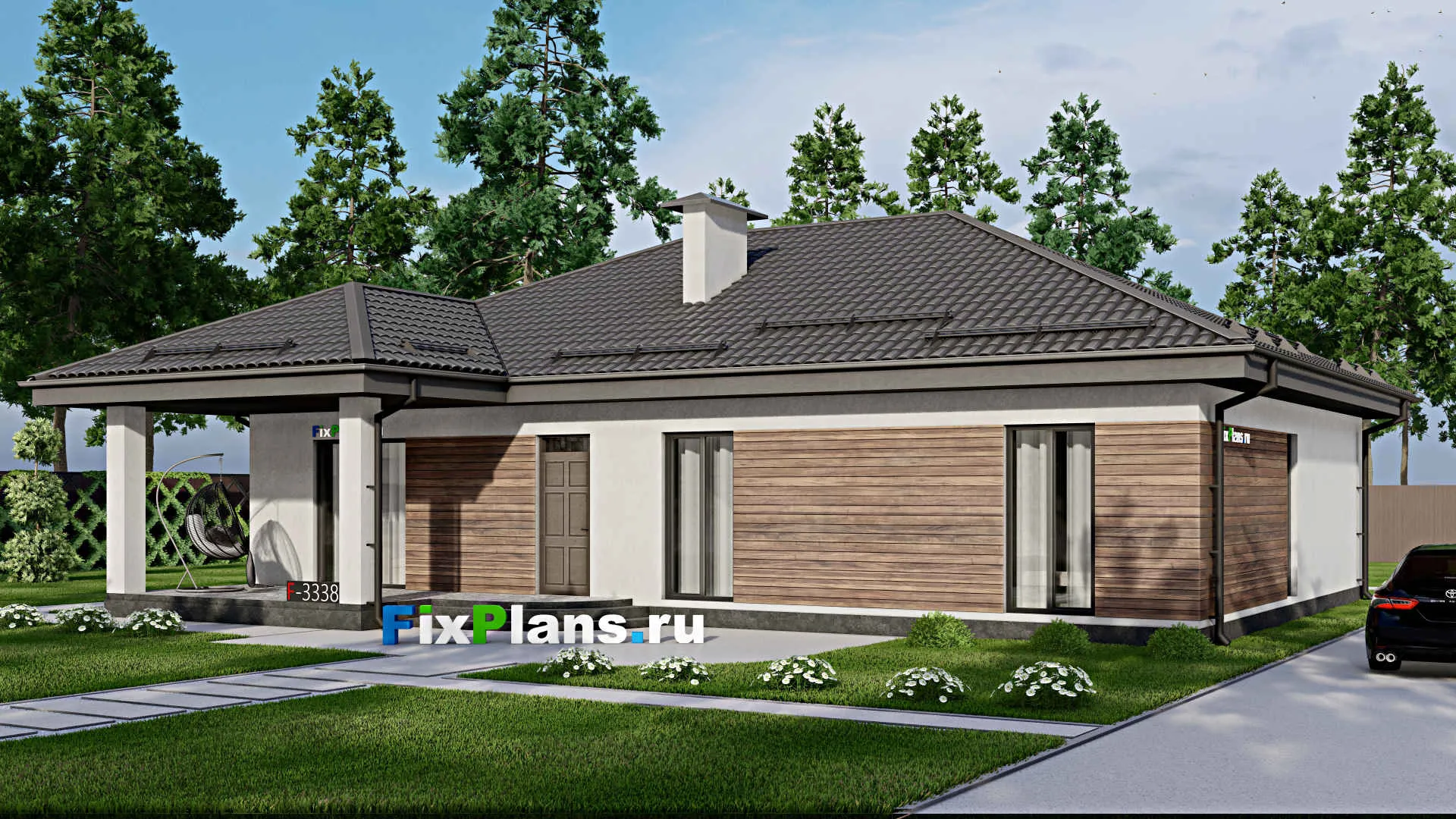 F-3383 - Проект одноэтажного дома 11 на 16, площадью 160 м² с террасой и 3 спальнями