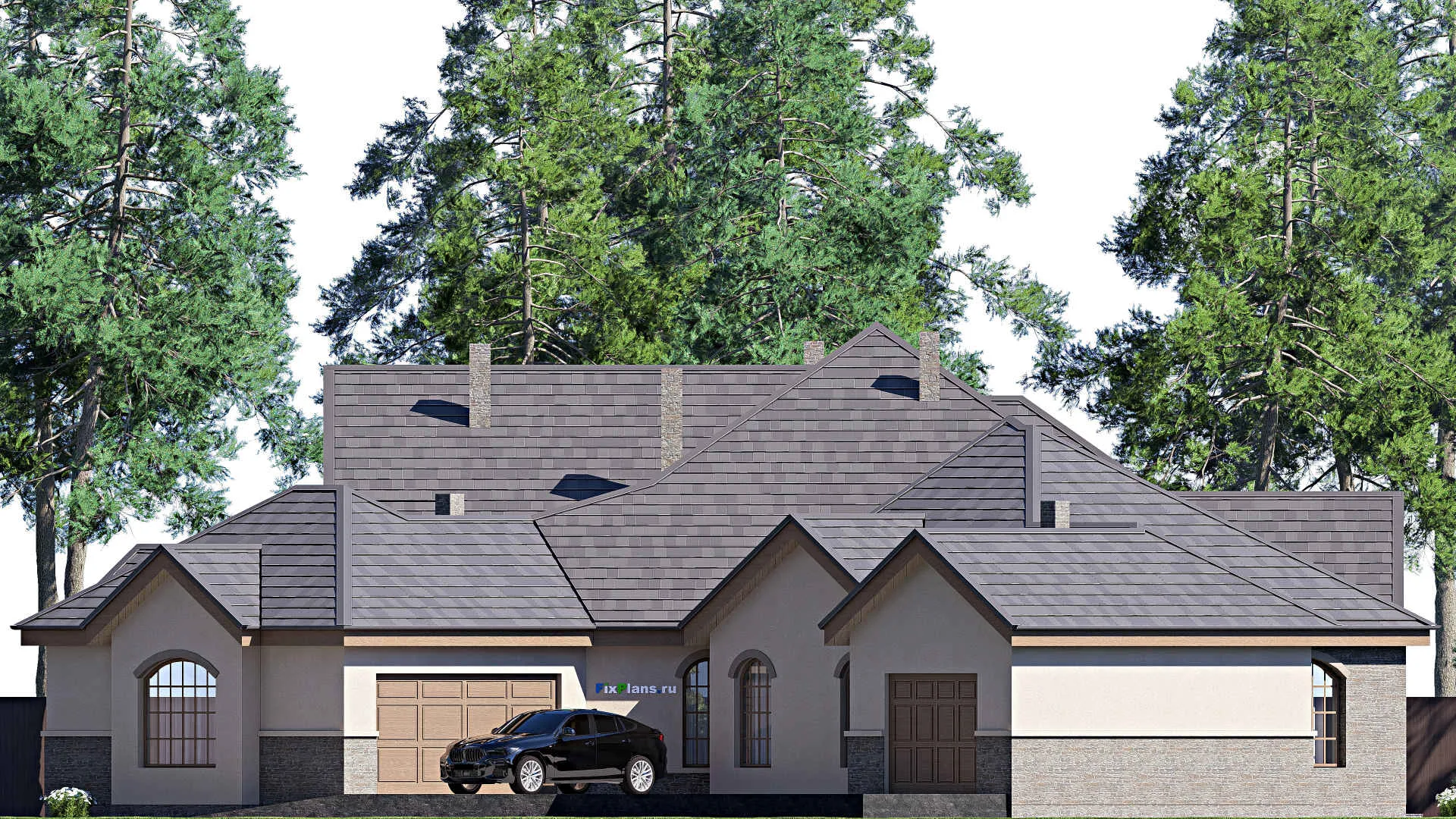 F-17216 - План одноэтажного дома 26 на 35, площадью 460 м² с террасой, гаражом на 2 машины и 3 спальнями