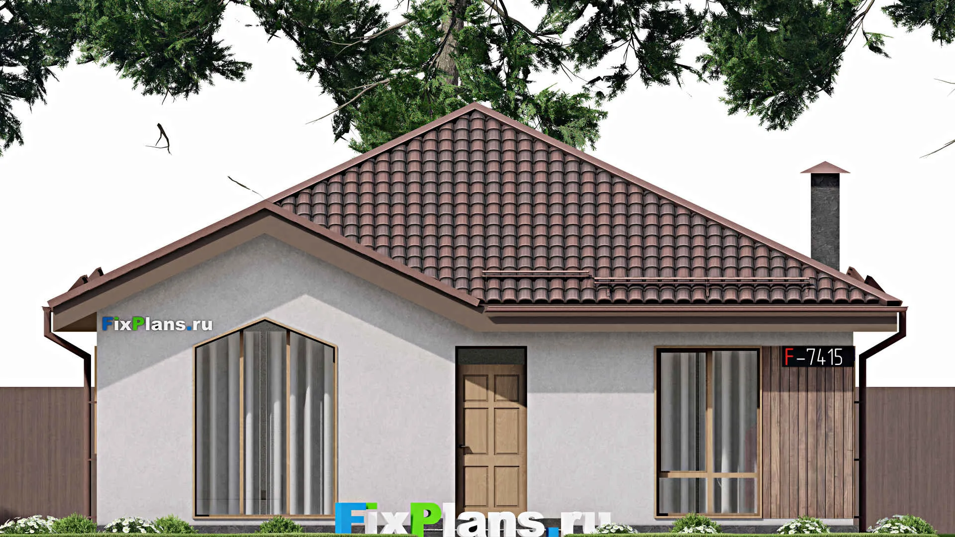 F-7415 - Проект одноэтажного дома 11 на 11, площадью 100 м² с террасой и 2 спальнями