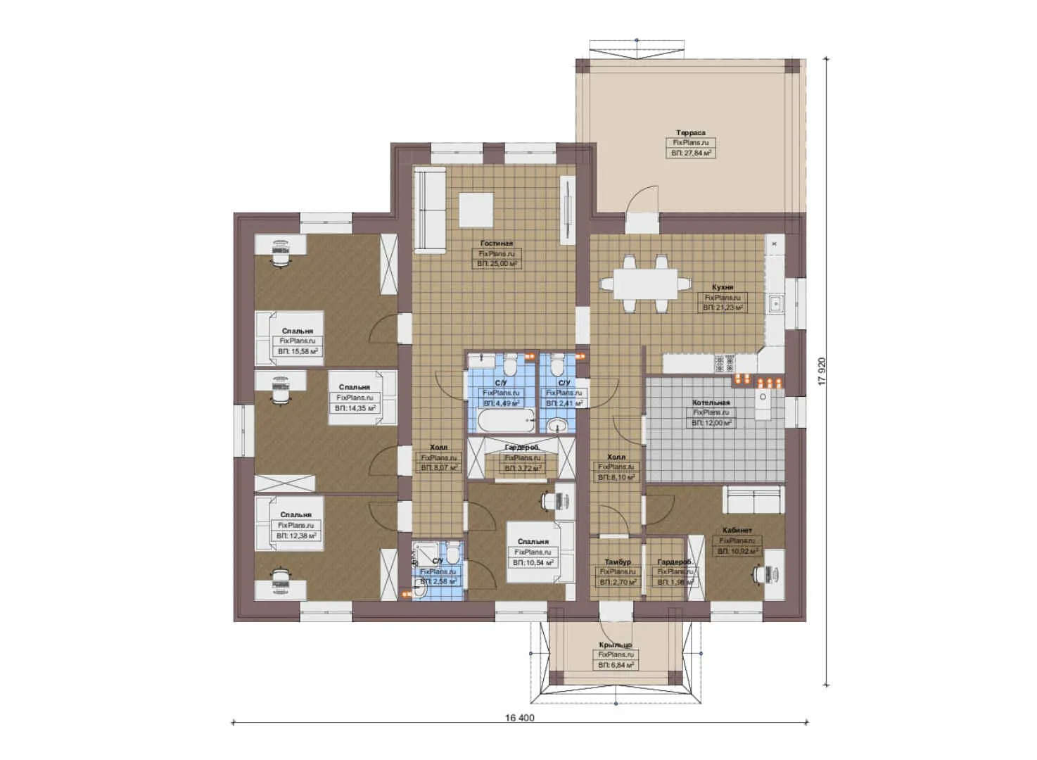 F-19421 - План одноэтажного дома 17 на 18, площадью 200 м² с террасой и 4 спальнями