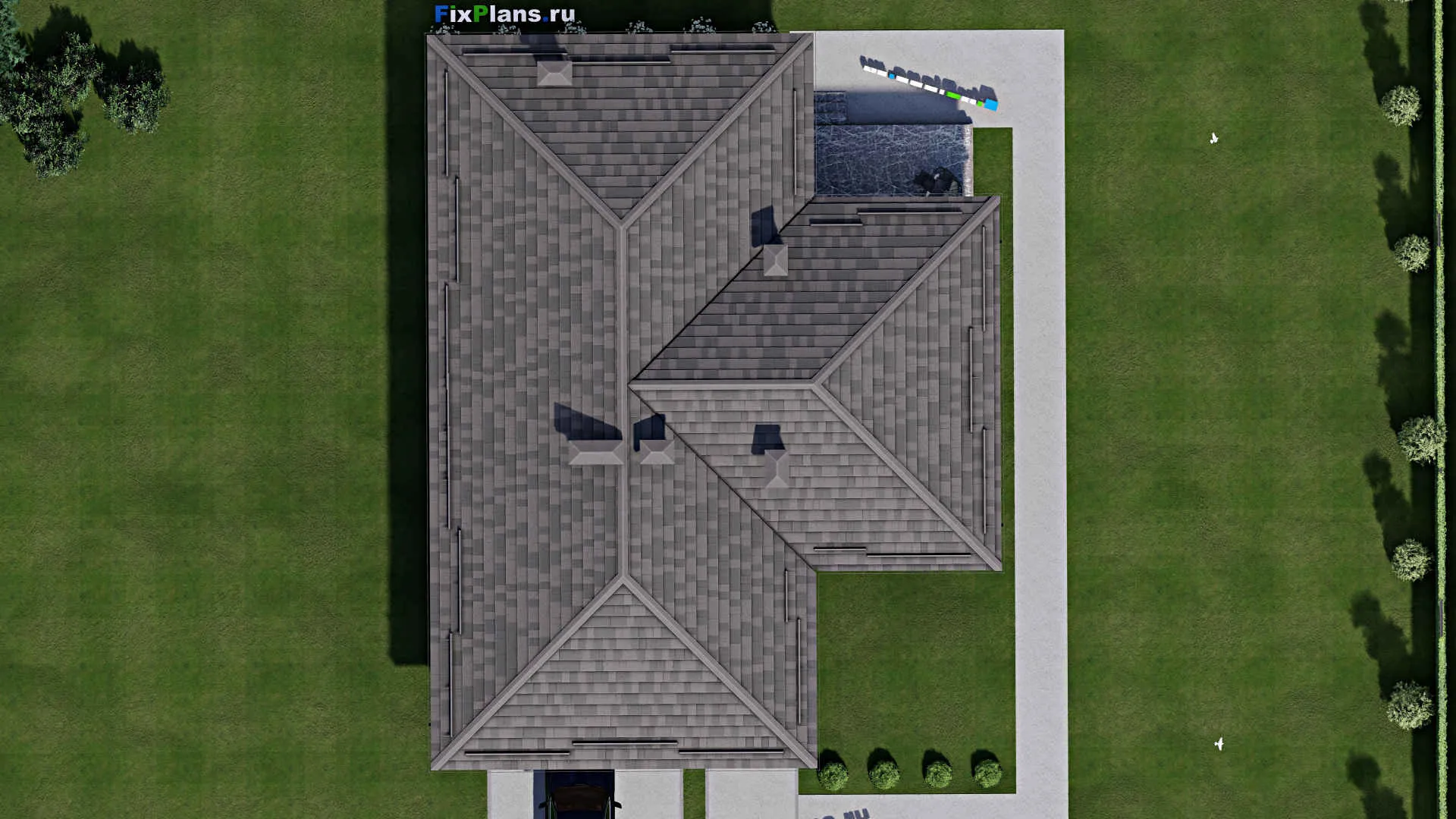 F-10214 - Проект одноэтажного дома 15 на 20, площадью 200 м² с террасой, гаражом на 2 машины и 3 спальнями